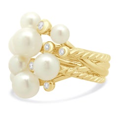 David Yurman 18 Karat Yellow Gold Pearl and Diamond Cable Cluster Ring