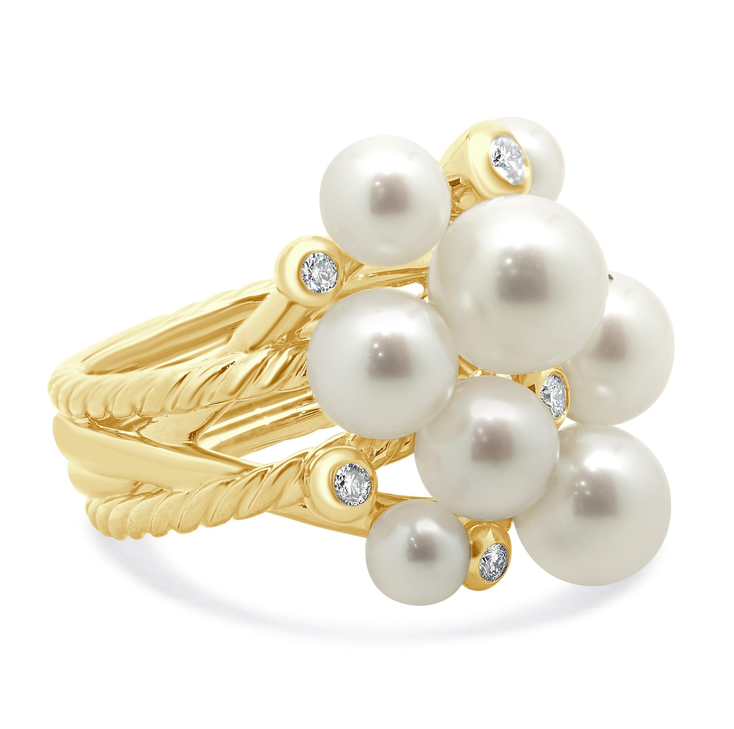 Taille ronde David Yurman Bague à grappes de perles et de diamants en or jaune 18 carats en vente