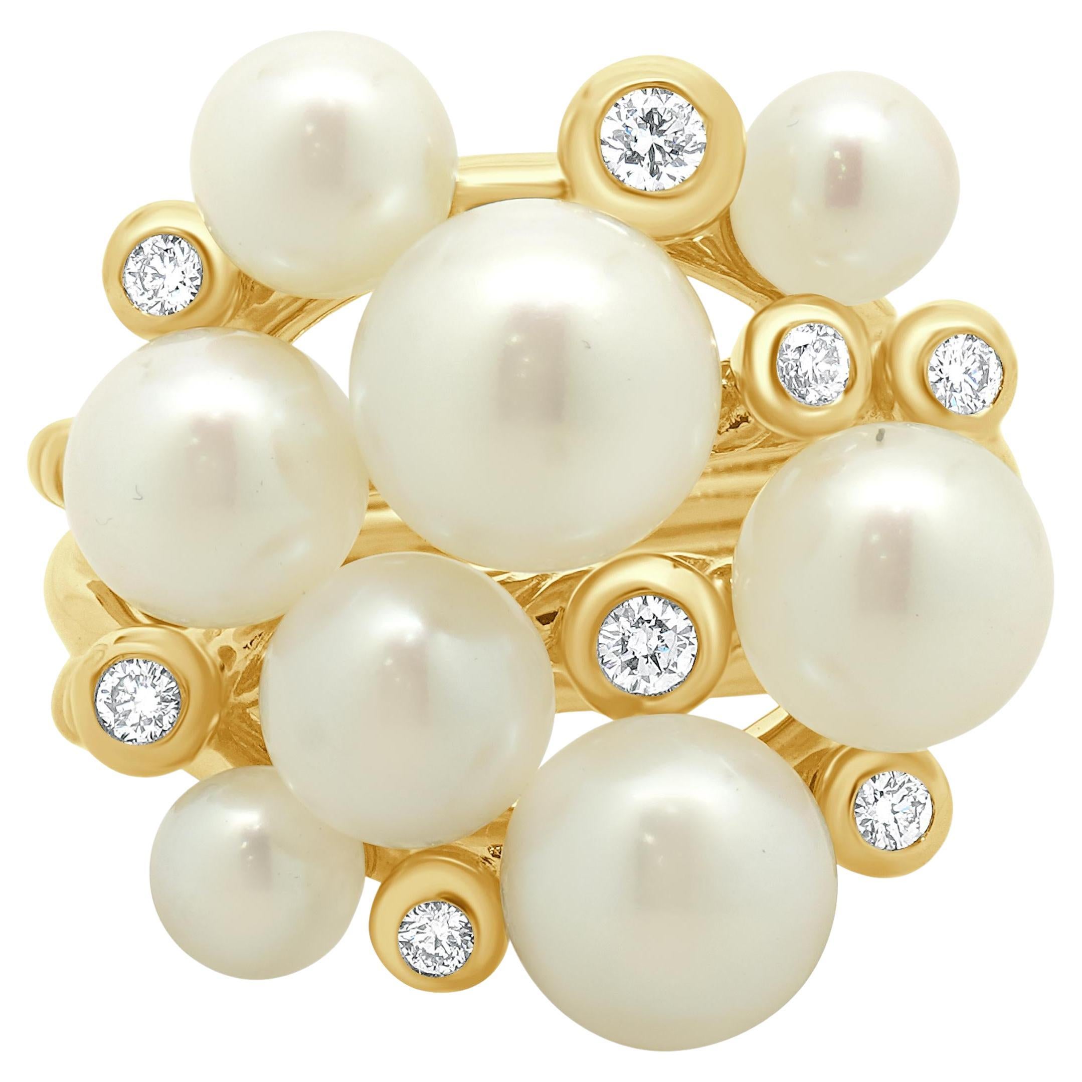 David Yurman 18 Karat Yellow Gold Pearl and Diamond Cable Cluster Ring