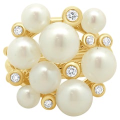 David Yurman 18 Karat Yellow Gold Pearl and Diamond Cable Cluster Ring