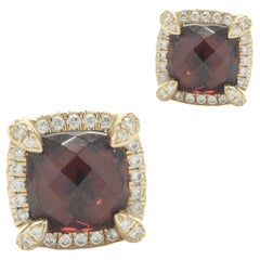 David Yurman 18 Karat Yellow Gold Petite Chatelaine Pave Diamond and Garnet Stud