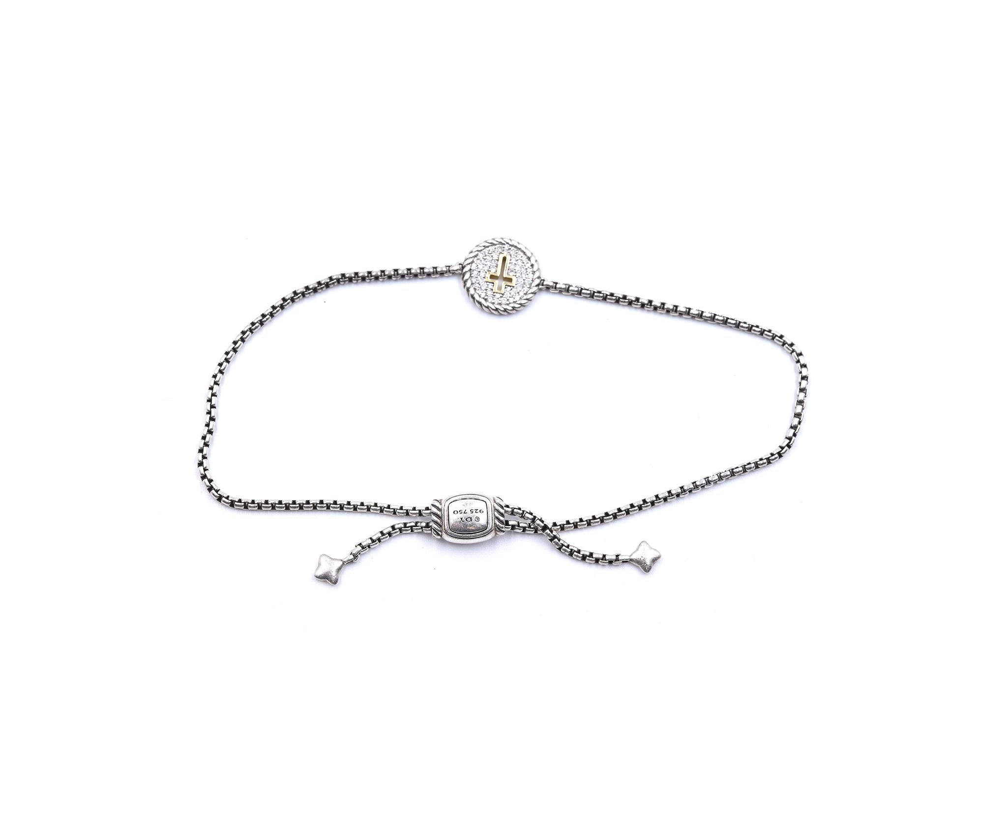 Designer: David Yurman
Material: 18KY/sterling silver 
Diamond:  round cut = .18cttw
Color: G
Clarity: VS2
Weight: 6.71 grams
