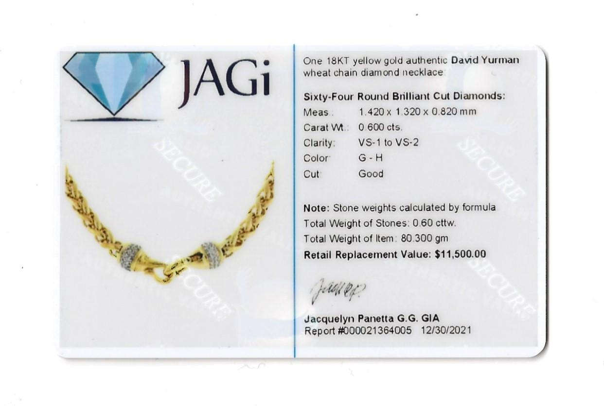 David Yurman 18 Karat Yellow Gold Wheat Chain Link Necklace with Diamond Accents 5