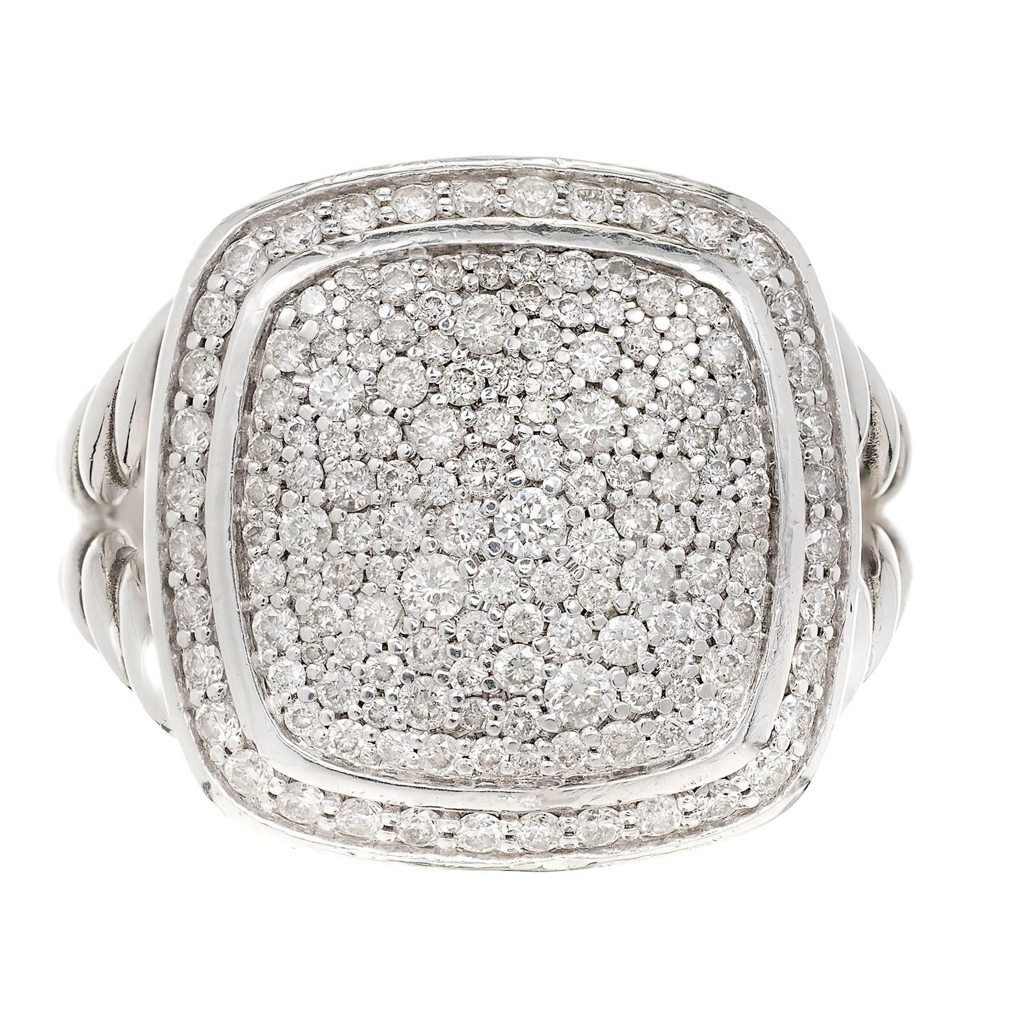 David Yurman silver Albion cocktail ring with Diamonds. 17mm top, 6mm wide split shank.

170 round full cut Diamonds, approx. total weight 1.82cts, H – I, SI
Size 8 and not sizable
925 Sterling silver
Tested: 925 Sterling silver
Hallmark: David