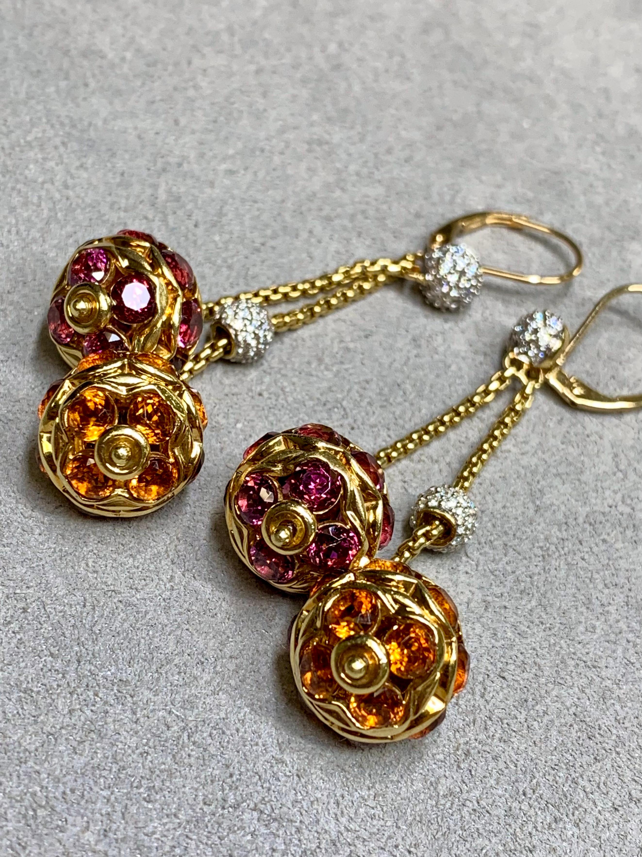 Round Cut David Yurman 18K Diamond Citrine Garnet Sphere Drop Dangle Lever Back Earrings For Sale