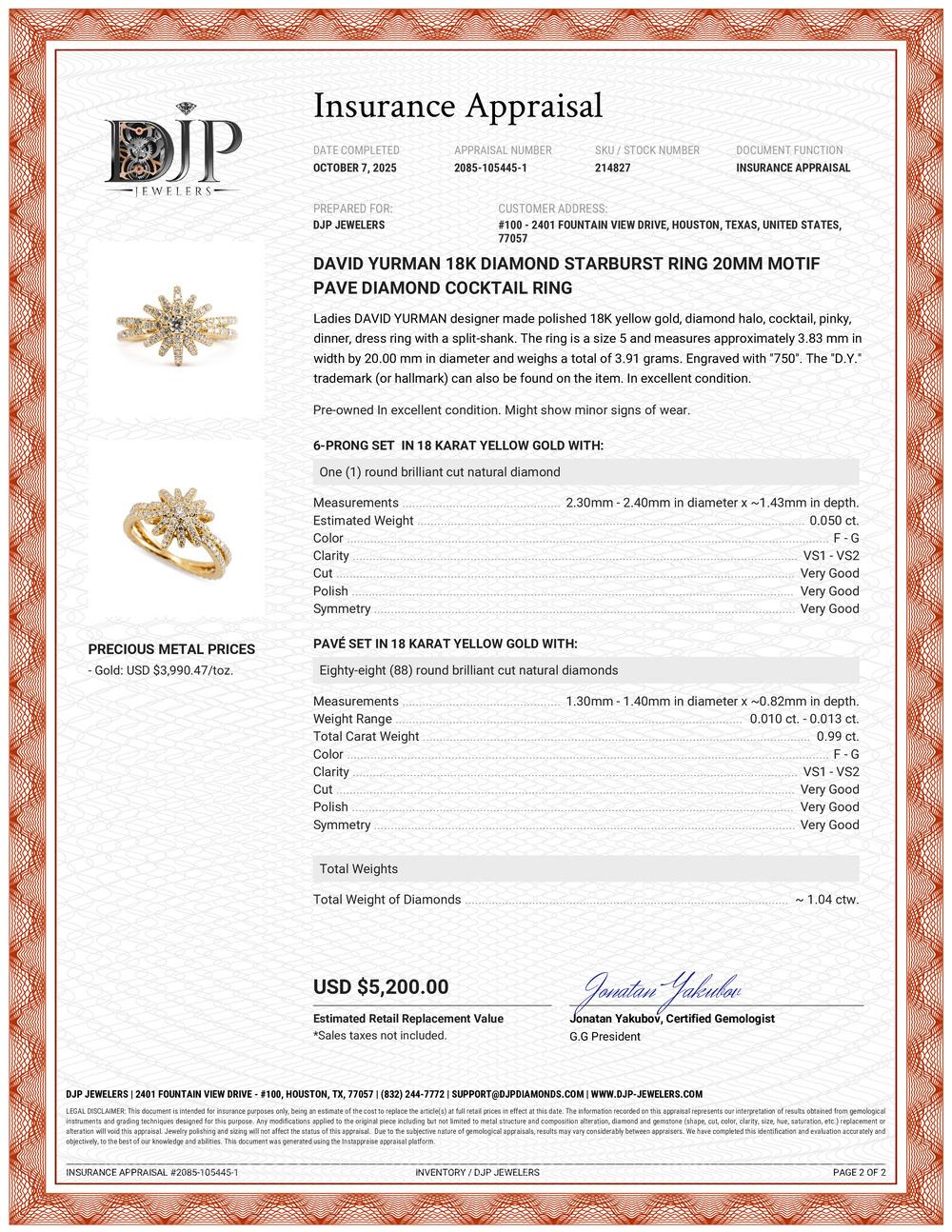 Brand: David Yurman

Gender: Ladies 

Metal Type: 18K Yellow Gold

Ring Size: 5 

Width: 3.83 mm

Diameter: 20.00 mm

Weight: 3.91 grams

Ladies DAVID YURMAN 18K yellow gold diamond halo cocktail, pinky, dinner, dress ring with a split-shank.