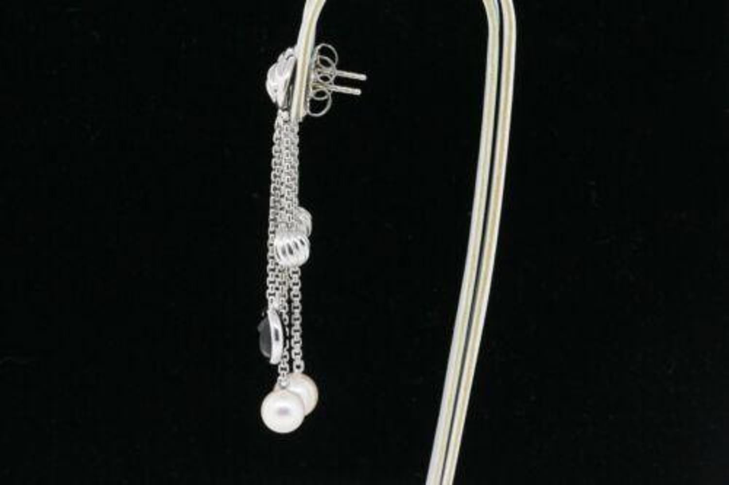 David Yurman 18k Earrings Pearl Onyx White Gold Dangle Drop Sculpted Cable In Good Condition In Northbrook, IL
