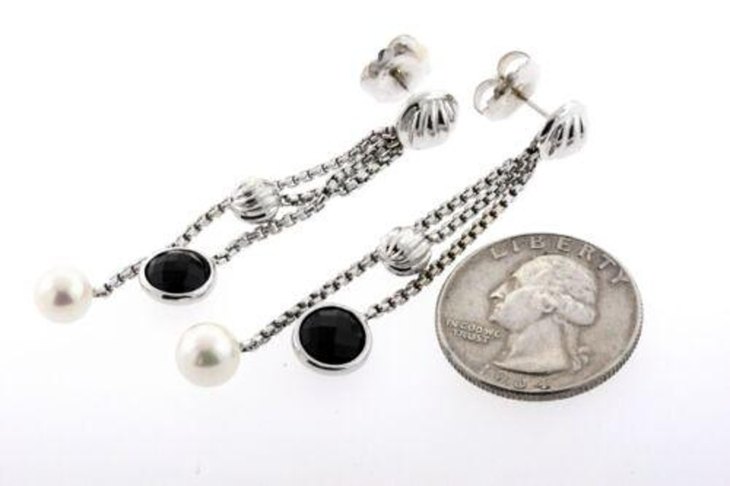 David Yurman 18k Earrings Pearl Onyx White Gold Dangle Drop Sculpted Cable 1