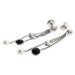 David Yurman 18k Earrings Pearl Onyx White Gold Dangle Drop Sculpted Cable