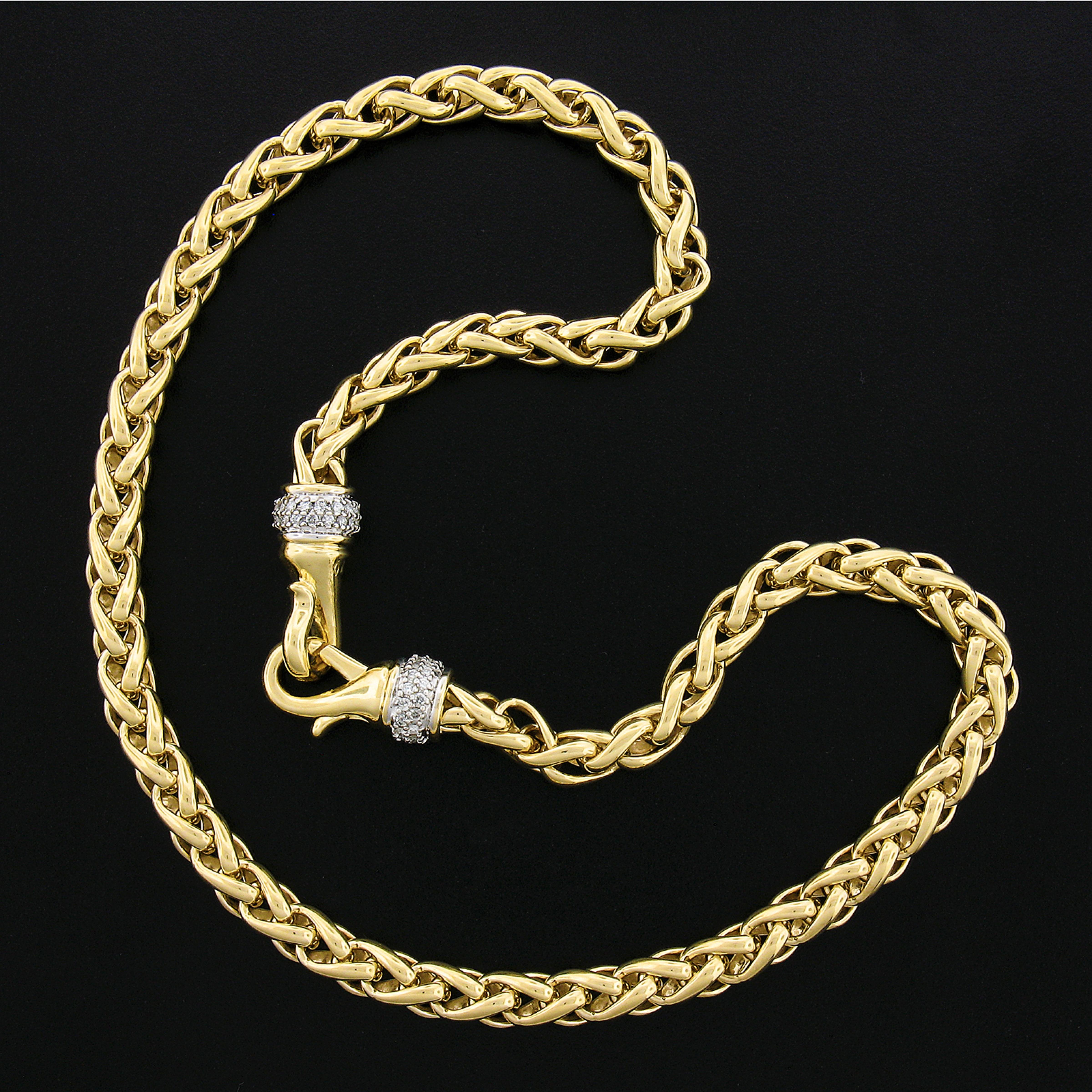 Round Cut David Yurman 18K Gold Wheat Link Chain Necklace w/ 1ct Pave Diamond