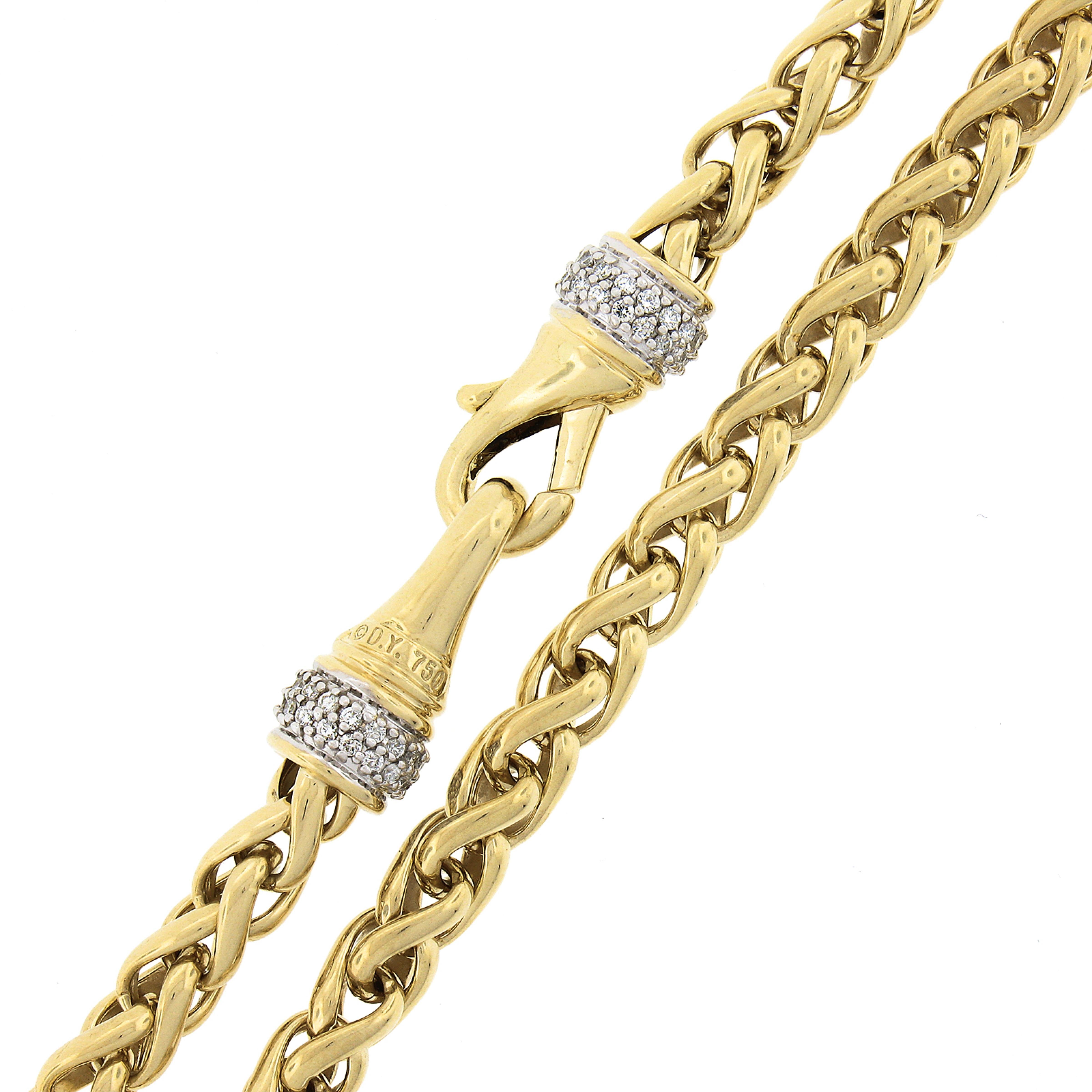 David Yurman 18K Gold Wheat Link Chain Necklace w/ 1ct Pave Diamond In Good Condition In Montclair, NJ