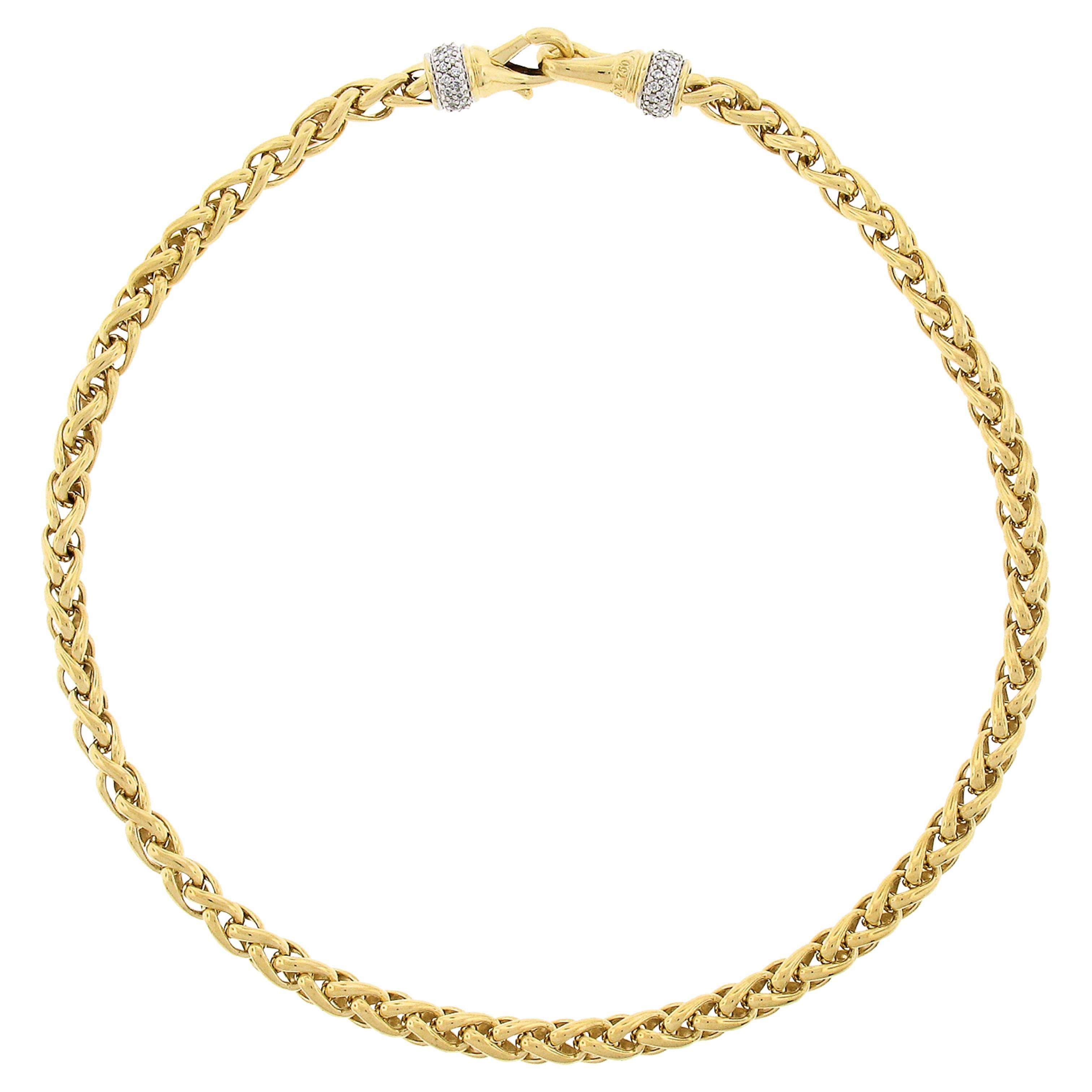 David Yurman 18K Gold Wheat Link Chain Necklace w/ 1ct Pave Diamond