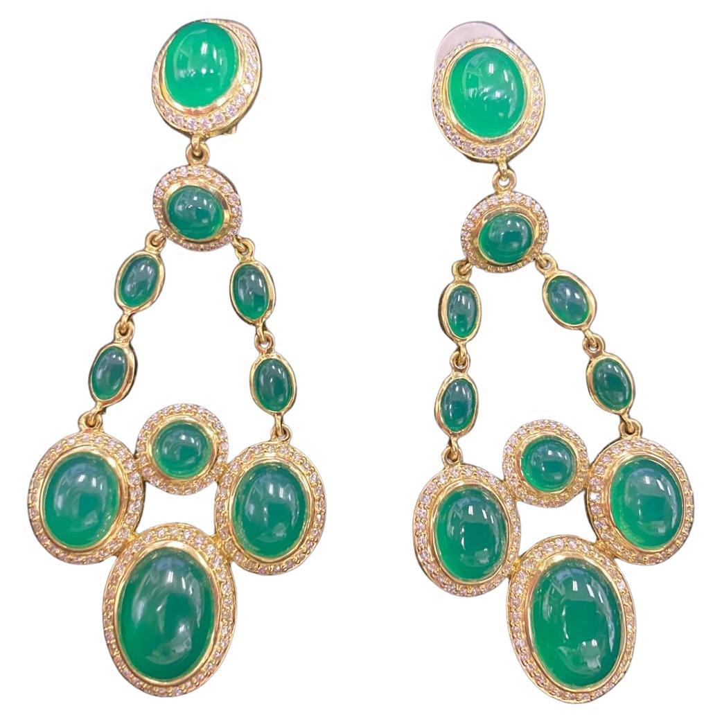 David Yurman 18k Gold & 4.46ct Diamond Renaissance Ear Clips with Chrysoprase For Sale