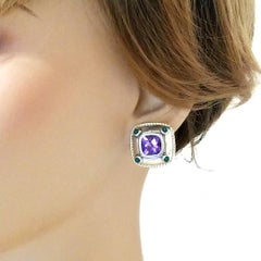 David Yurman 18K Gold 925 Sterling Silver Amethyst Green Onyx Classic Earrings