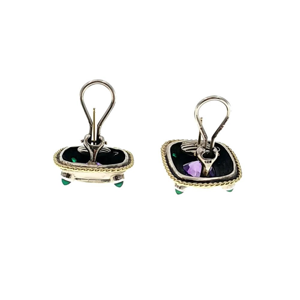 David Yurman 18K Gold 925 Sterling Silver Amethyst Green Onyx Classic Earrings  In Excellent Condition In Los Angeles, CA