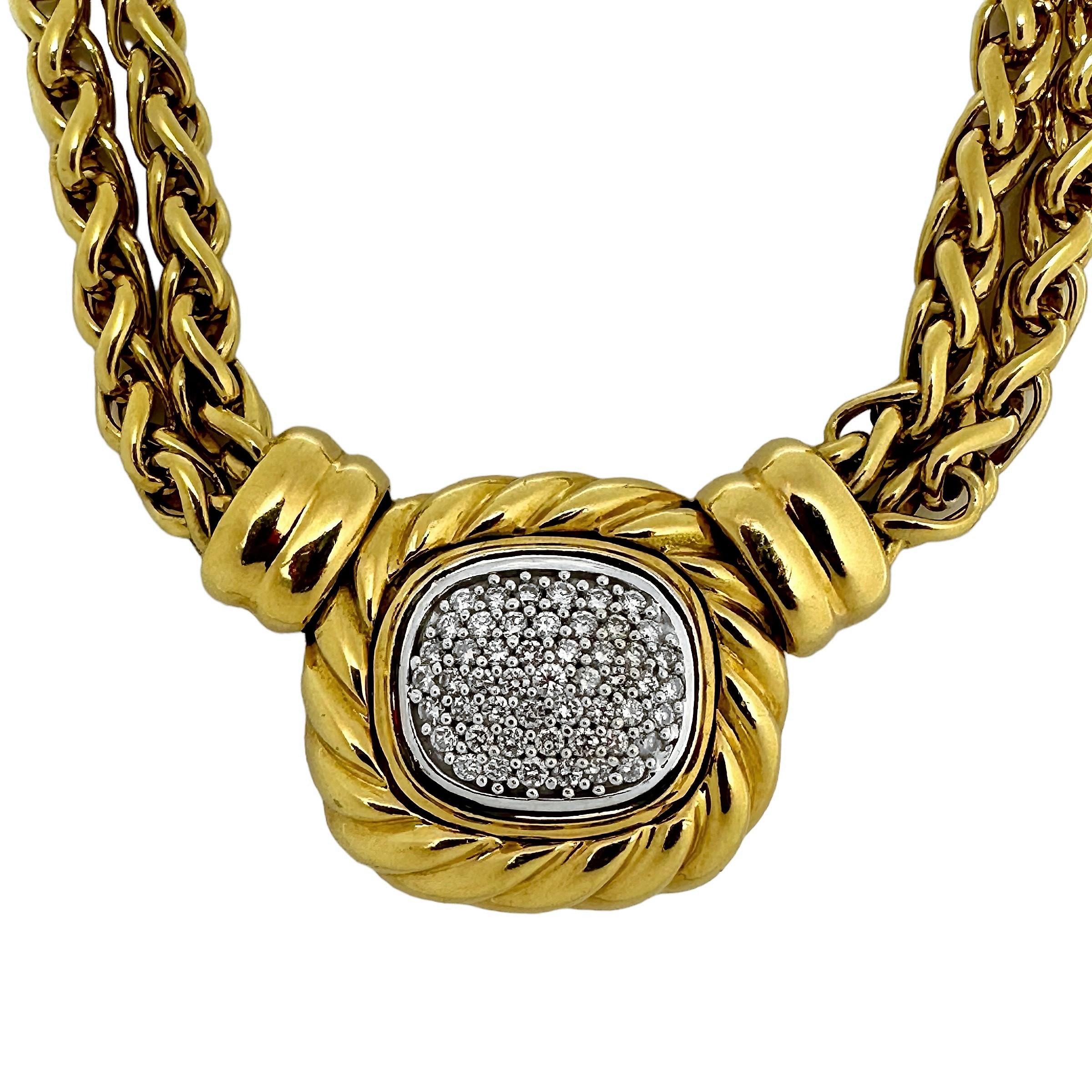 This vintage David Yurman 18K yellow gold double wheat link necklace has, as it's centerpiece, a cushion shaped, rope edge plate pave set with fifty round brilliant cut diamonds having a total approximate weight of .50ct. Overall diamond quality is