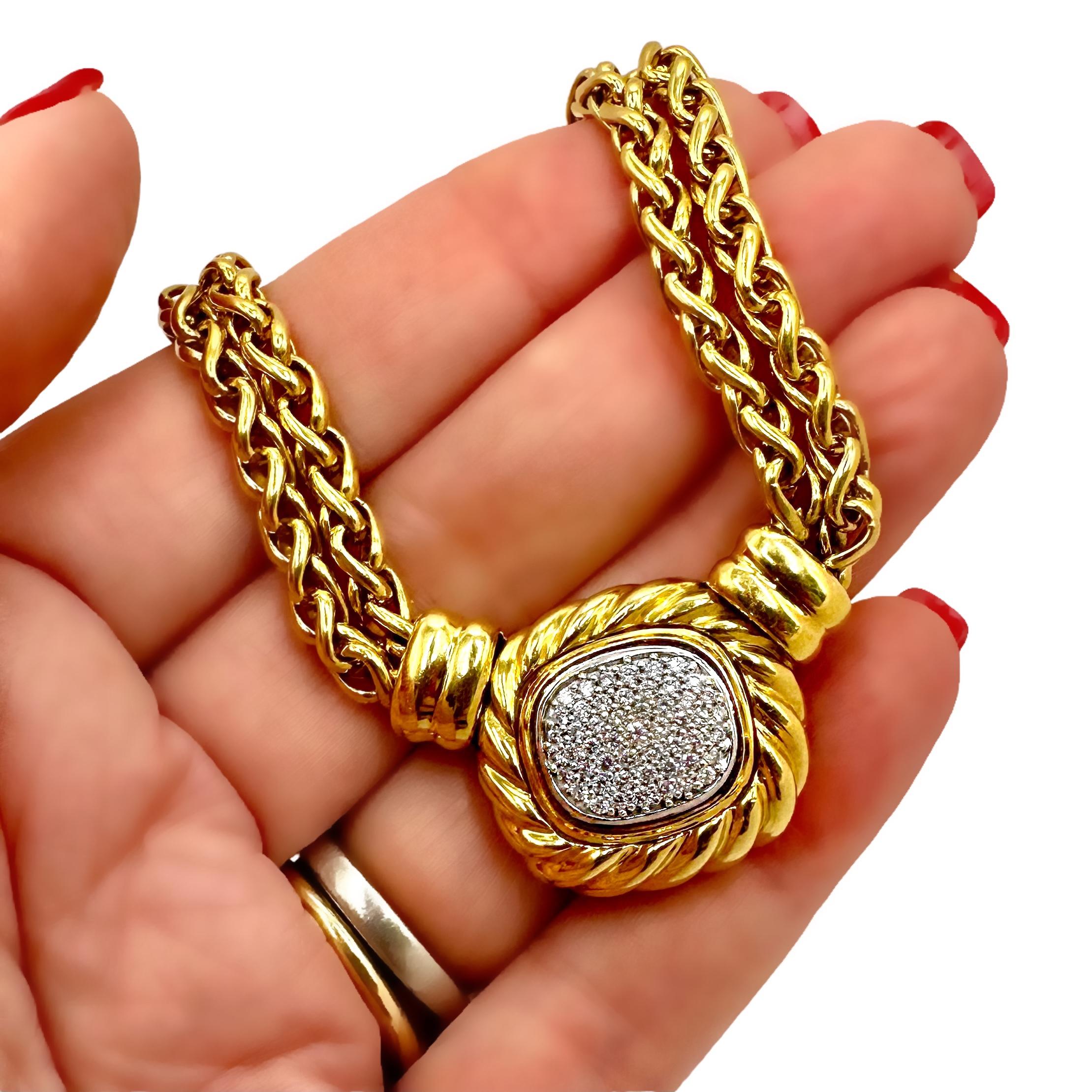 Brilliant Cut David Yurman 18K Gold and Diamond Choker Necklace with Pave Set Diamond Center For Sale