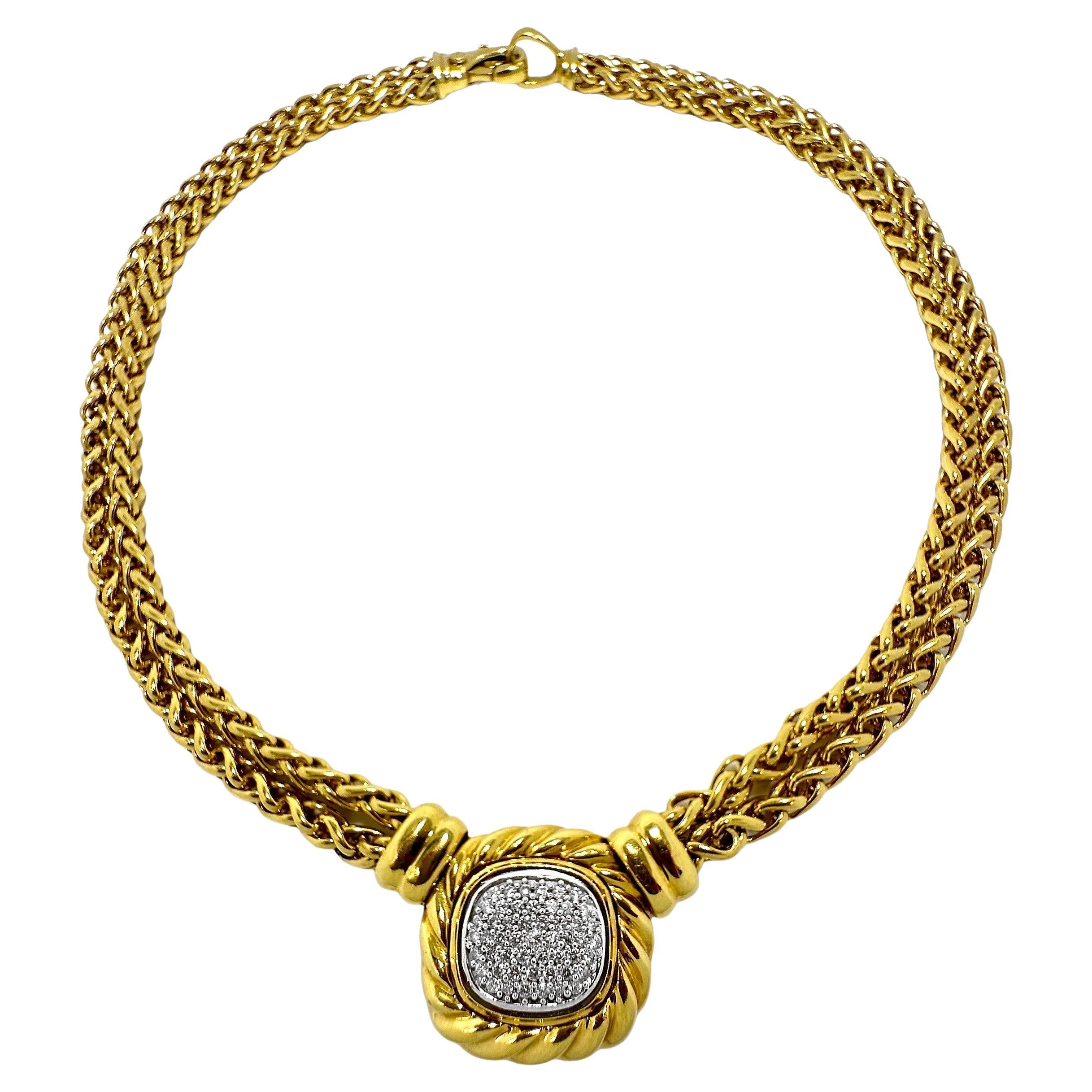 David Yurman 18K Gold and Diamond Choker Necklace with Pave Set Diamond Center For Sale