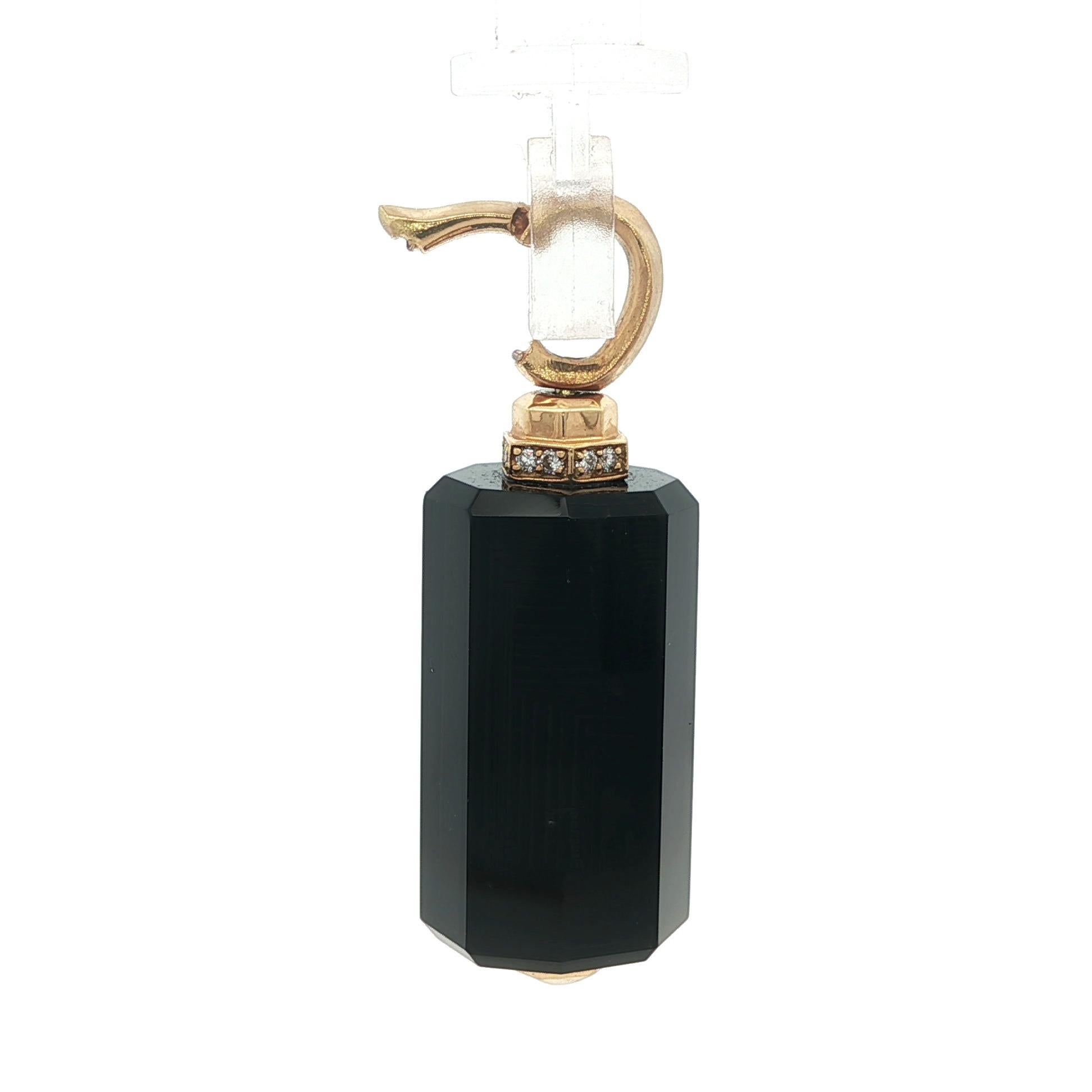 –Stone(s)–
(1) Natural Genuine Black Onyx- Faceted Barrel Shape - Black Color - 24x13mm (approx.)
(12) Natural Genuine Diamonds - Round Brilliant Cut - Pave Set - Nice Brilliant White Diamonds - 0.10ctw (approx.)

Material: Solid 18k Yellow