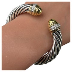 David Yurman 18k Gold Diamond Cable Cuff Bracelet Sterling Silver 10mm 50g 6.5"