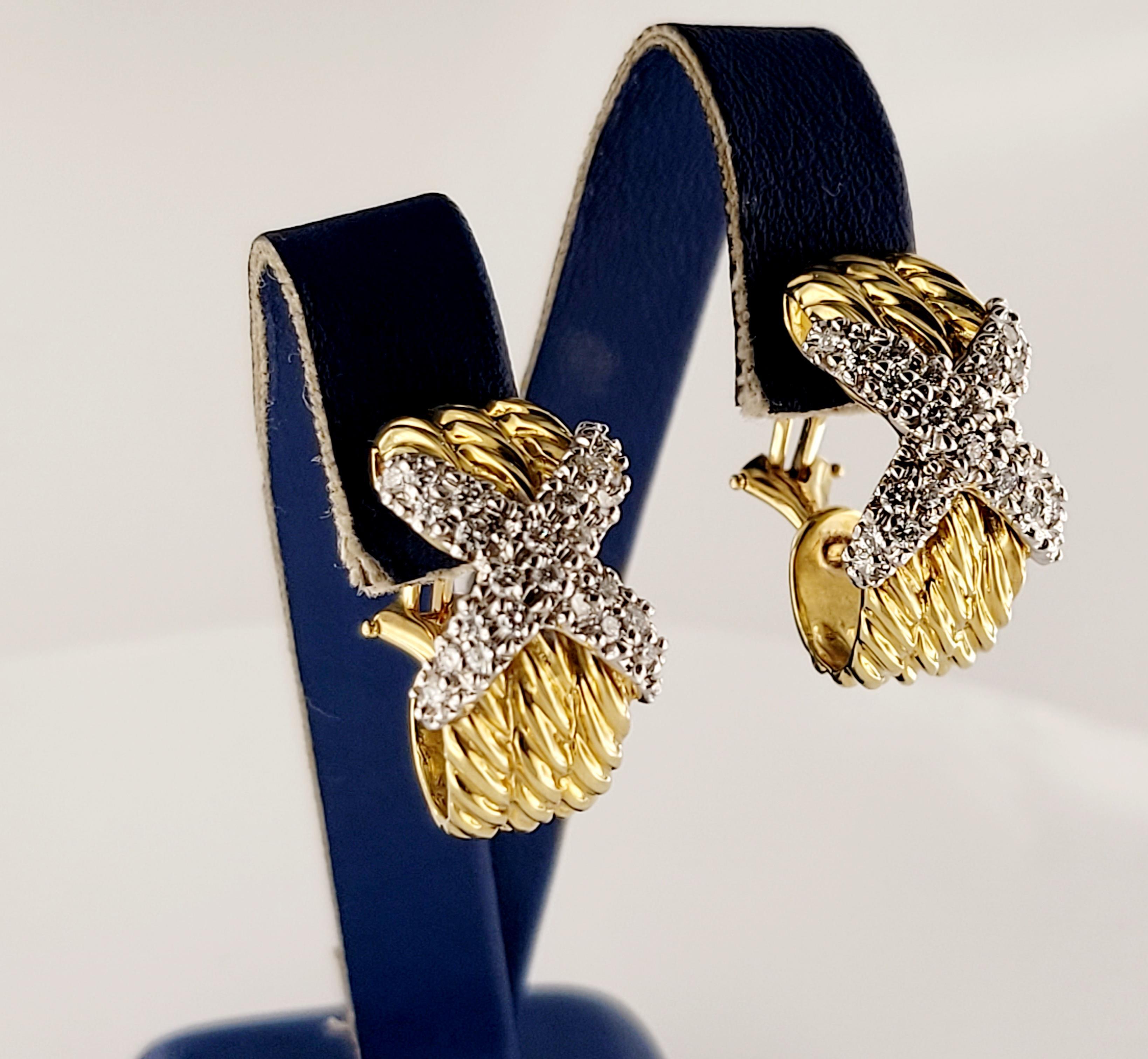 Round Cut David Yurman 18K Gold Diamond X Triple Cable Earrings For Sale