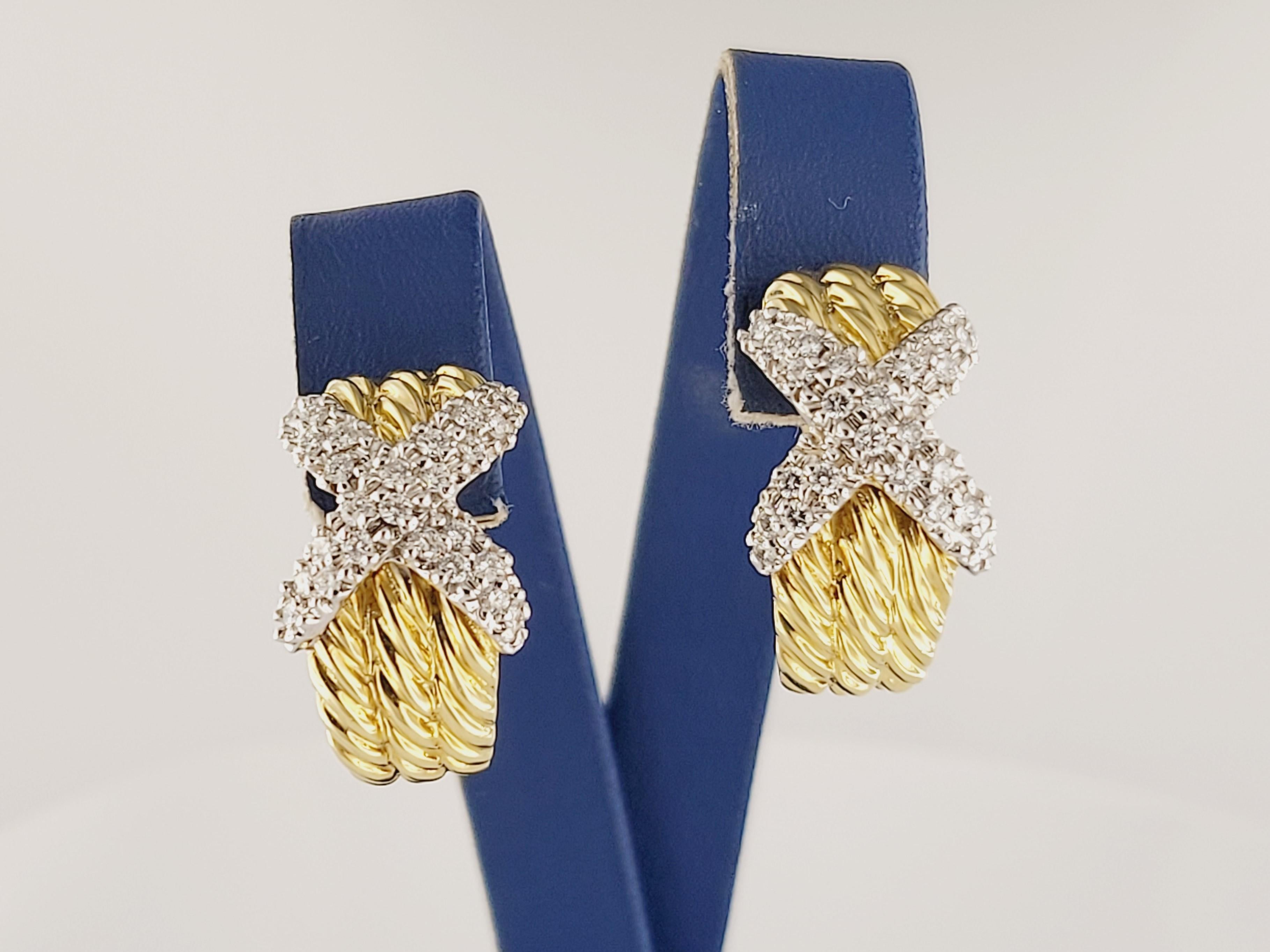 David Yurman 18K Gold Diamond X Triple Cable Earrings In Excellent Condition For Sale In New York, NY