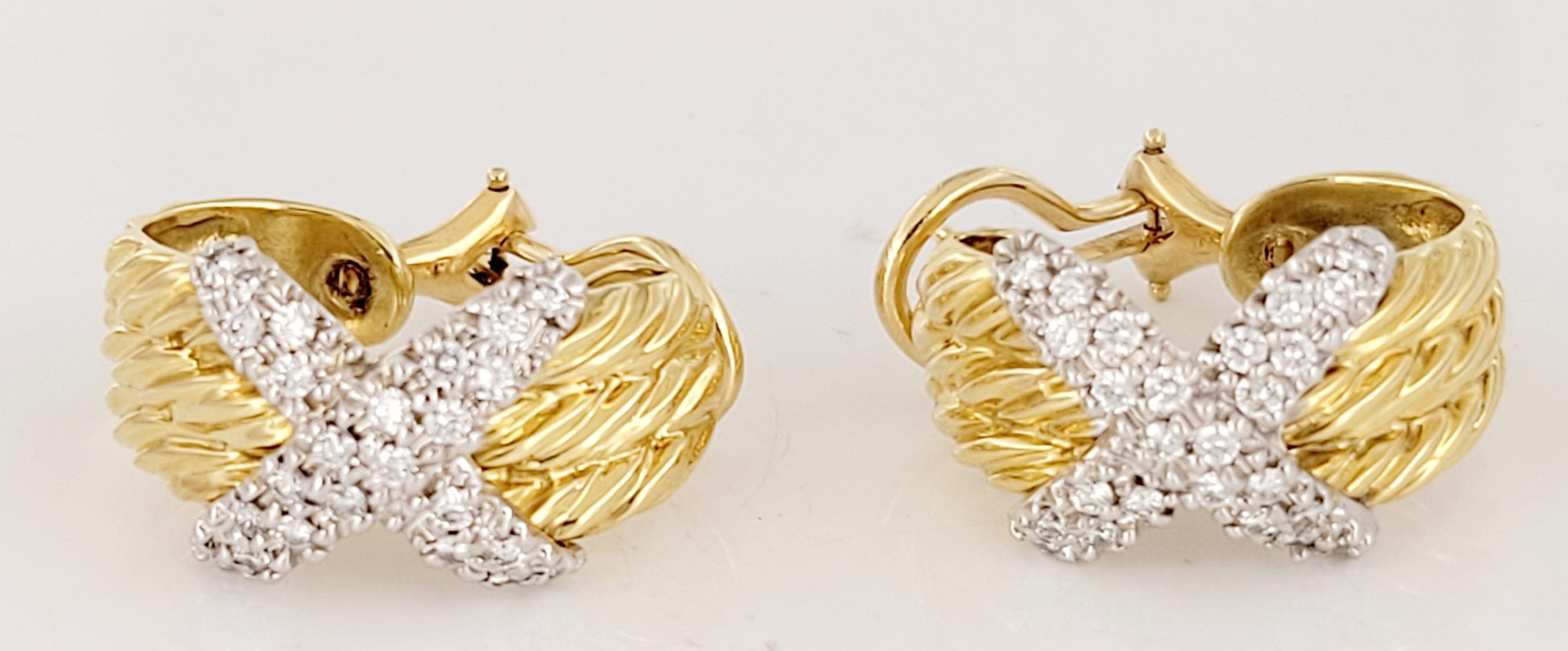 Women's David Yurman 18K Gold Diamond X Triple Cable Earrings For Sale