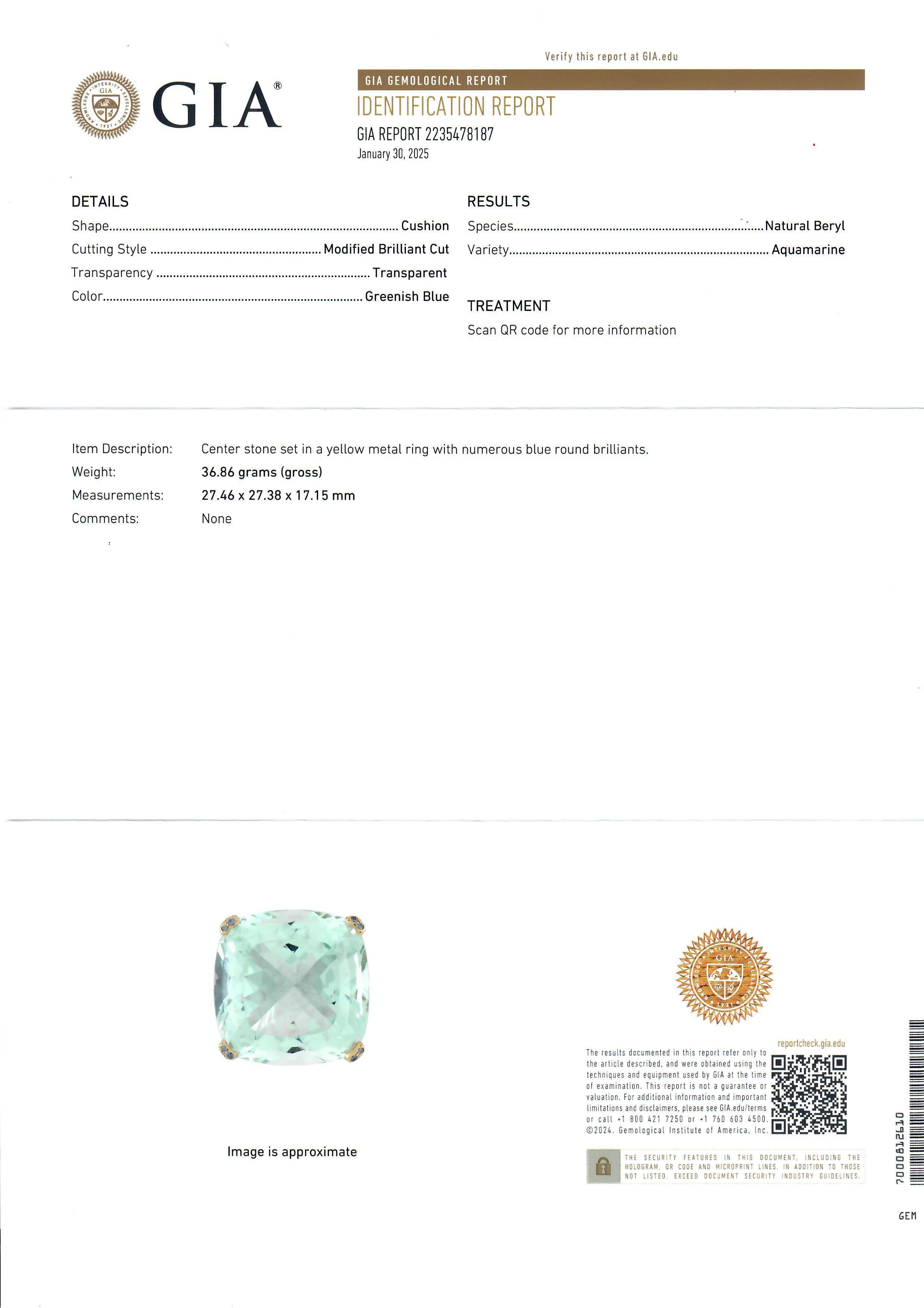 --Stones:--
1 Natural Genuine Aquamarine - Squared Cushion Cut - Prong Set - Greenish Blue Color - 77.73ct based on GIA measurements
See Certification Information Below
152 Natural Genuine Sapphires - Round Brilliant Cut - Pave Set - Gorgeous Blue