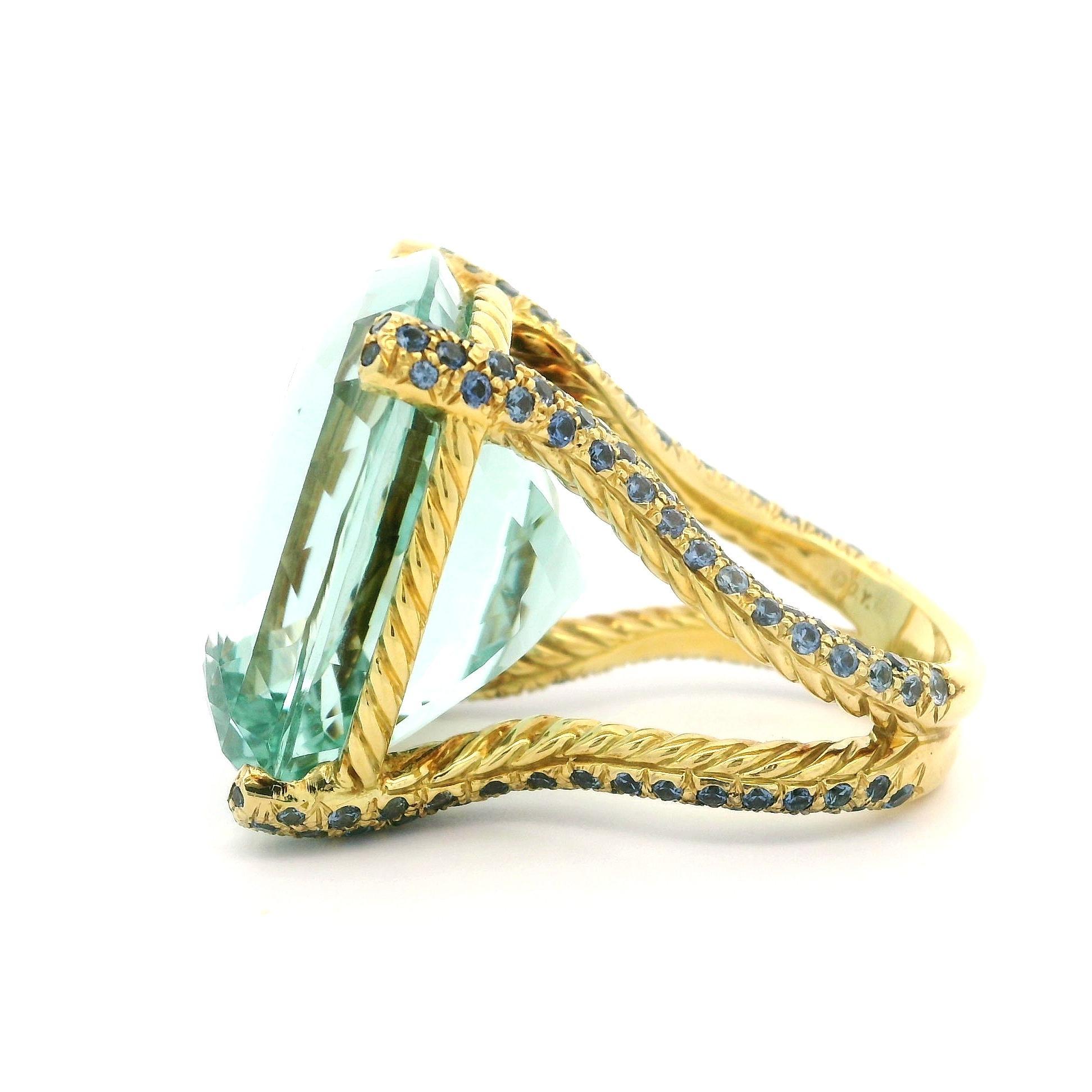 Cushion Cut David Yurman 18k Gold GIA 77.73ct Huge Aquamarine Sapphire Cable Statement Ring For Sale