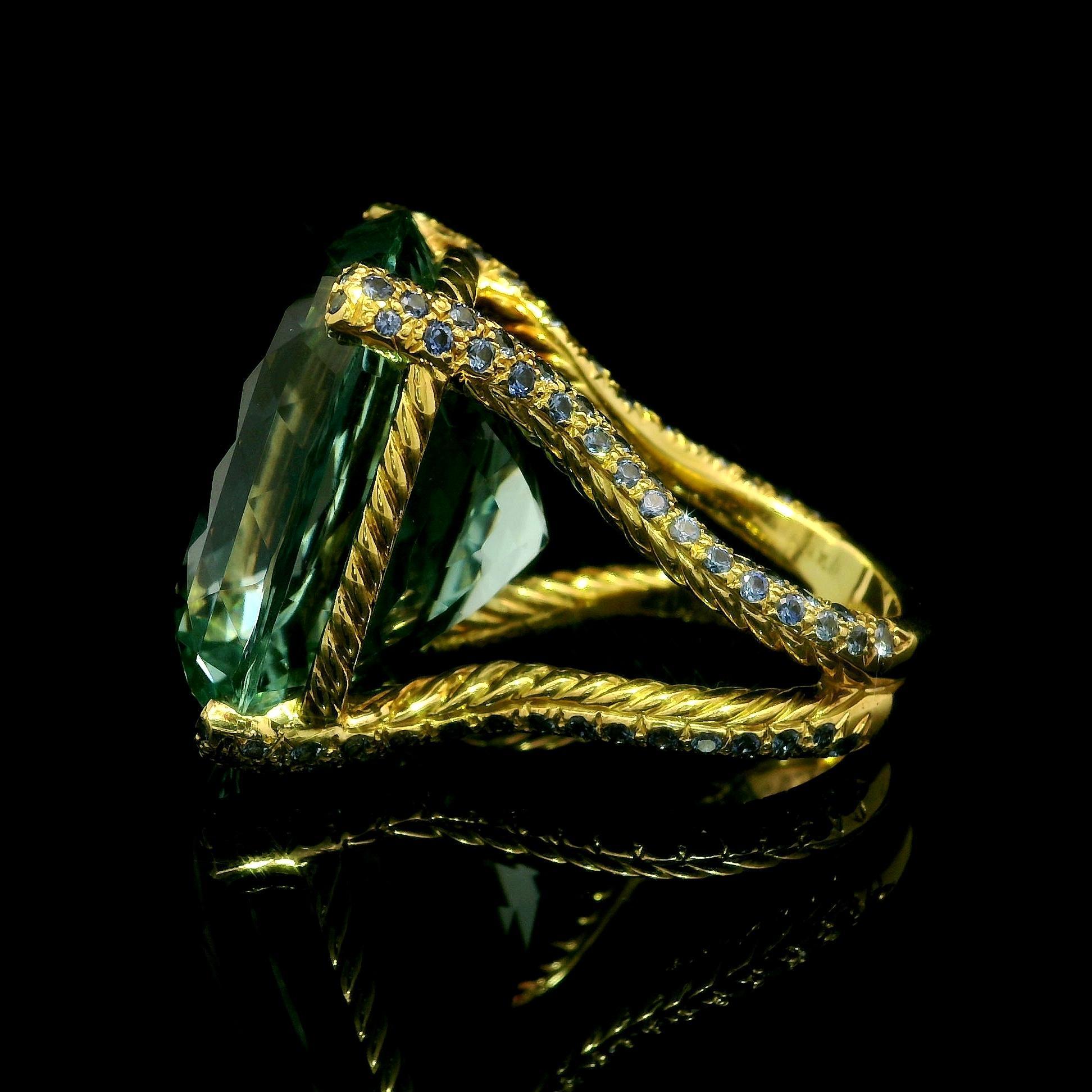 David Yurman 18k Gold GIA 77.73ct Huge Aquamarine Sapphire Cable Statement Ring For Sale 3