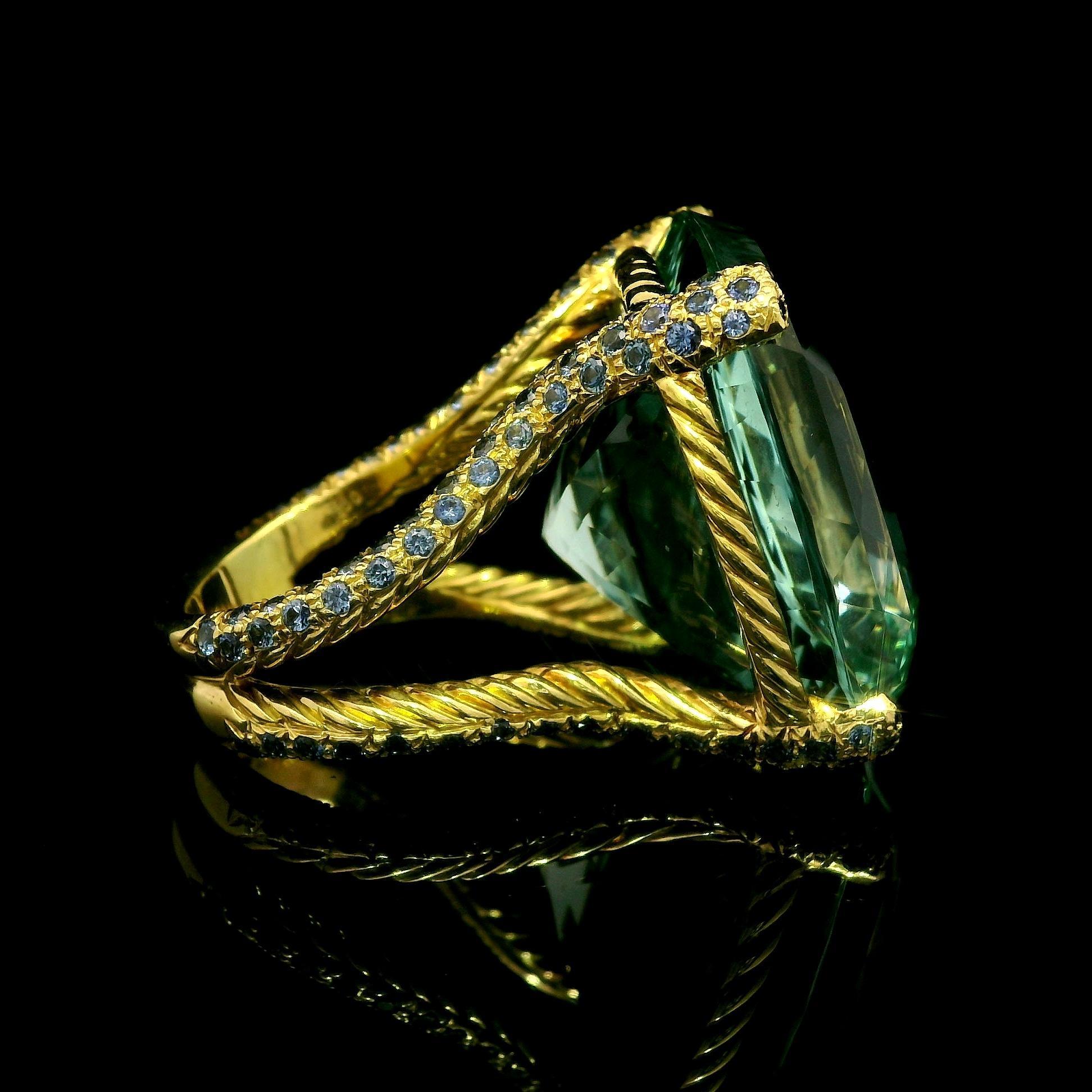 David Yurman 18k Gold GIA 77.73ct Huge Aquamarine Sapphire Cable Statement Ring For Sale 4
