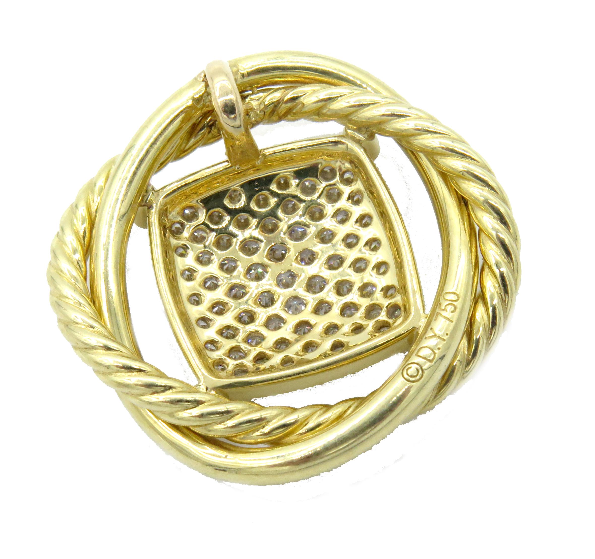 
David Yurman Infinity Diamond Pendant, distinctive style and timeless beauty, A center square covered in 0.46cts of pave diamonds, is set in a 18k yellow gold setting. A part of the Infinity Collection, the pendent measures 0.43 inches by 0.43