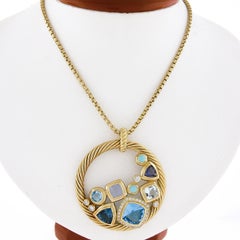 David Yurman 18k Gold Large Mosaic Multi Colored Gemstone Pendant Chain Necklace