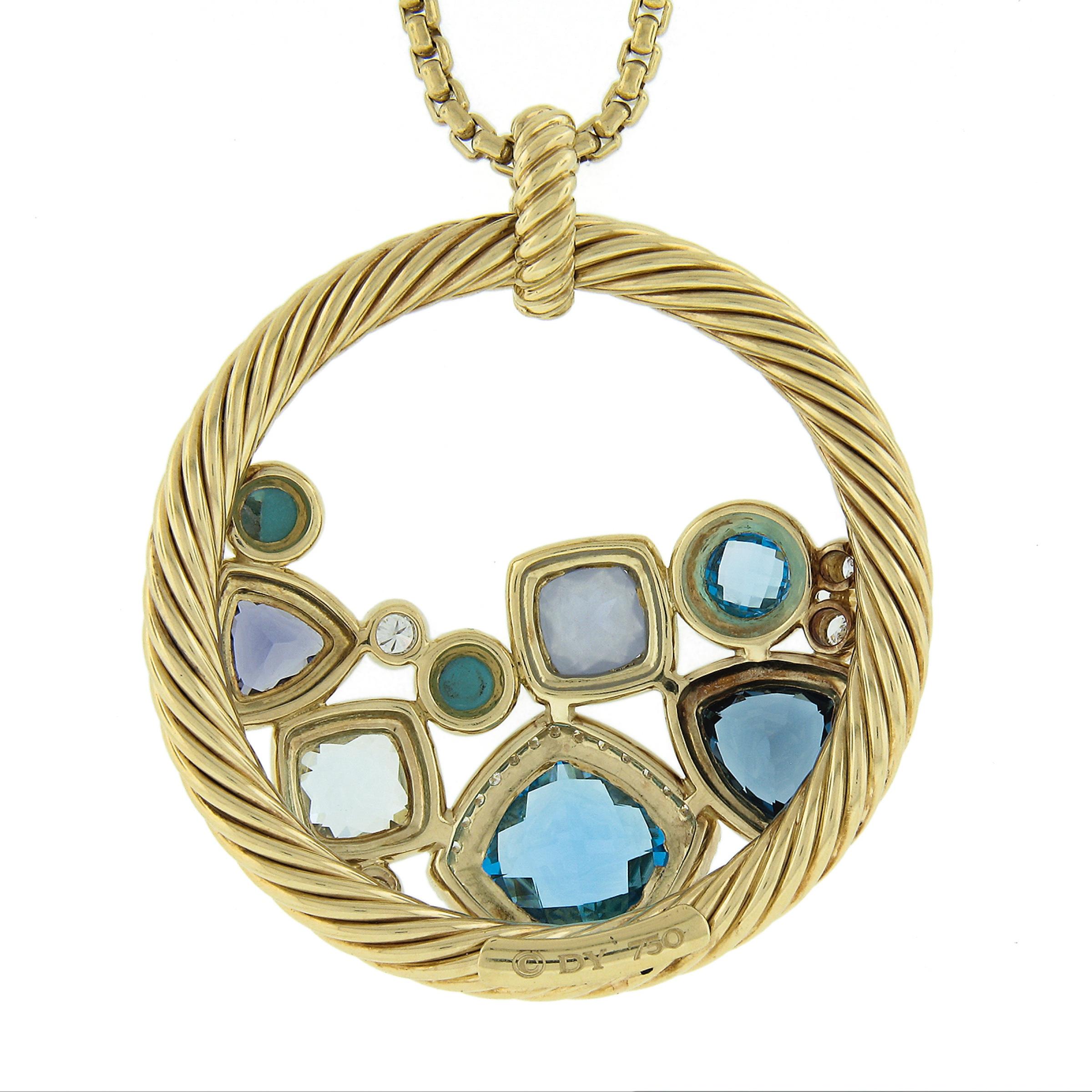 Round Cut David Yurman 18k Gold Large Mosaic Multi Colored Gemstone Pendant Chain Necklace