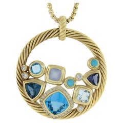David Yurman 18k Gold Large Mosaic Multi Colored Gemstone Pendant Chain Necklace