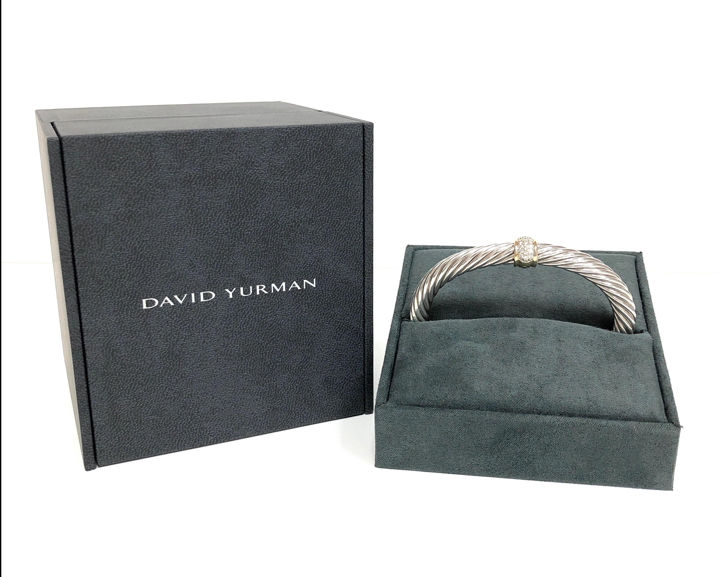 Round Cut David Yurman 18K Gold Silver Cable Classics Pavé Diamond Station Cuff Bracelet