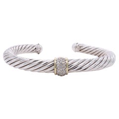David Yurman 18K Gold Silver Cable Classics Pavé Diamond Station Cuff Bracelet