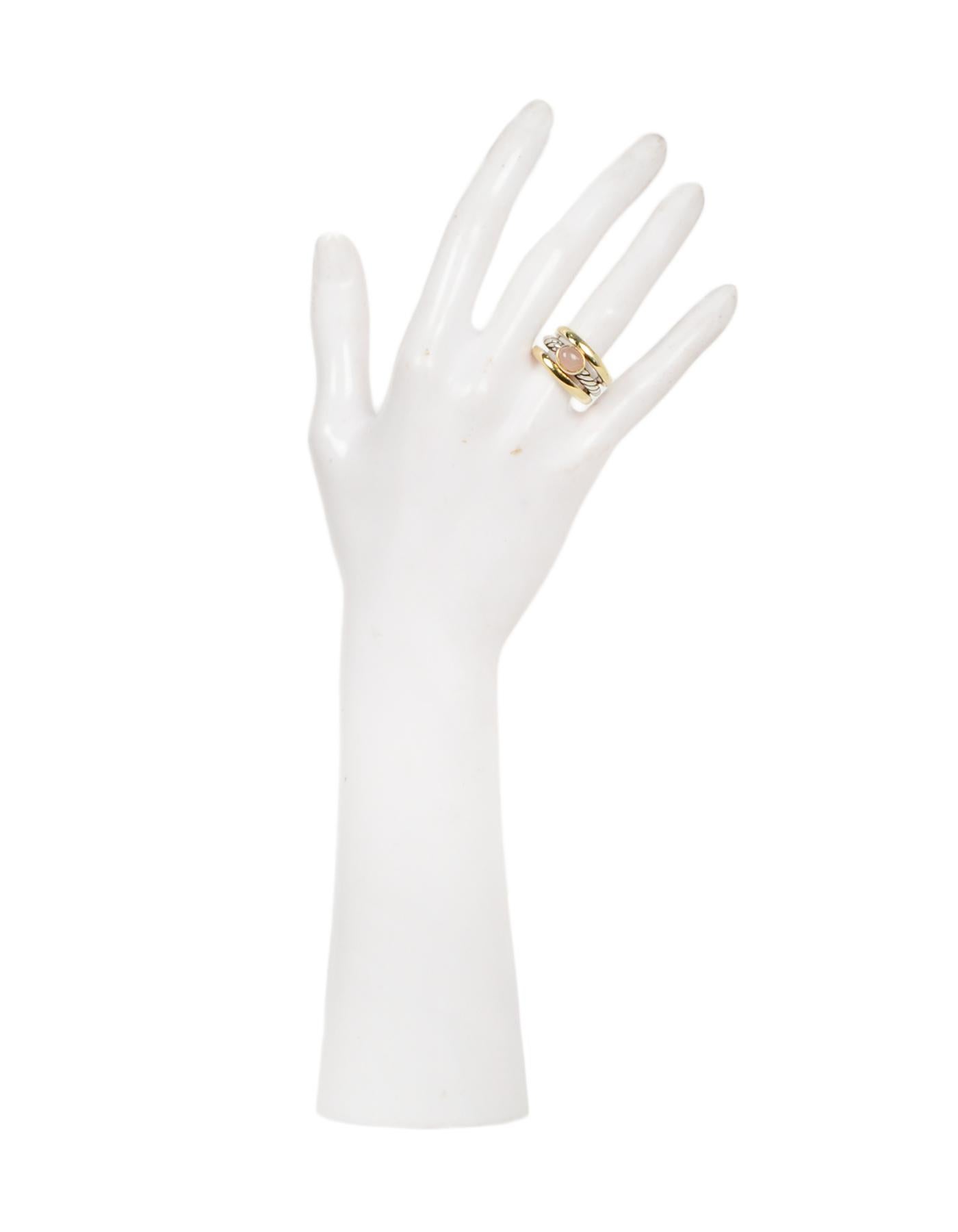 David Yurman 18K Gold & Sterling Silver Cable Ring w/ Peach Moonstone size 7 rt $1,290
Color: Silver, gold
Materials: 18K gold, sterling silver
Hallmarks: © DY 925 750
Closure/Opening: Slide on
Overall Condition: Very good pre-owned condition, with
