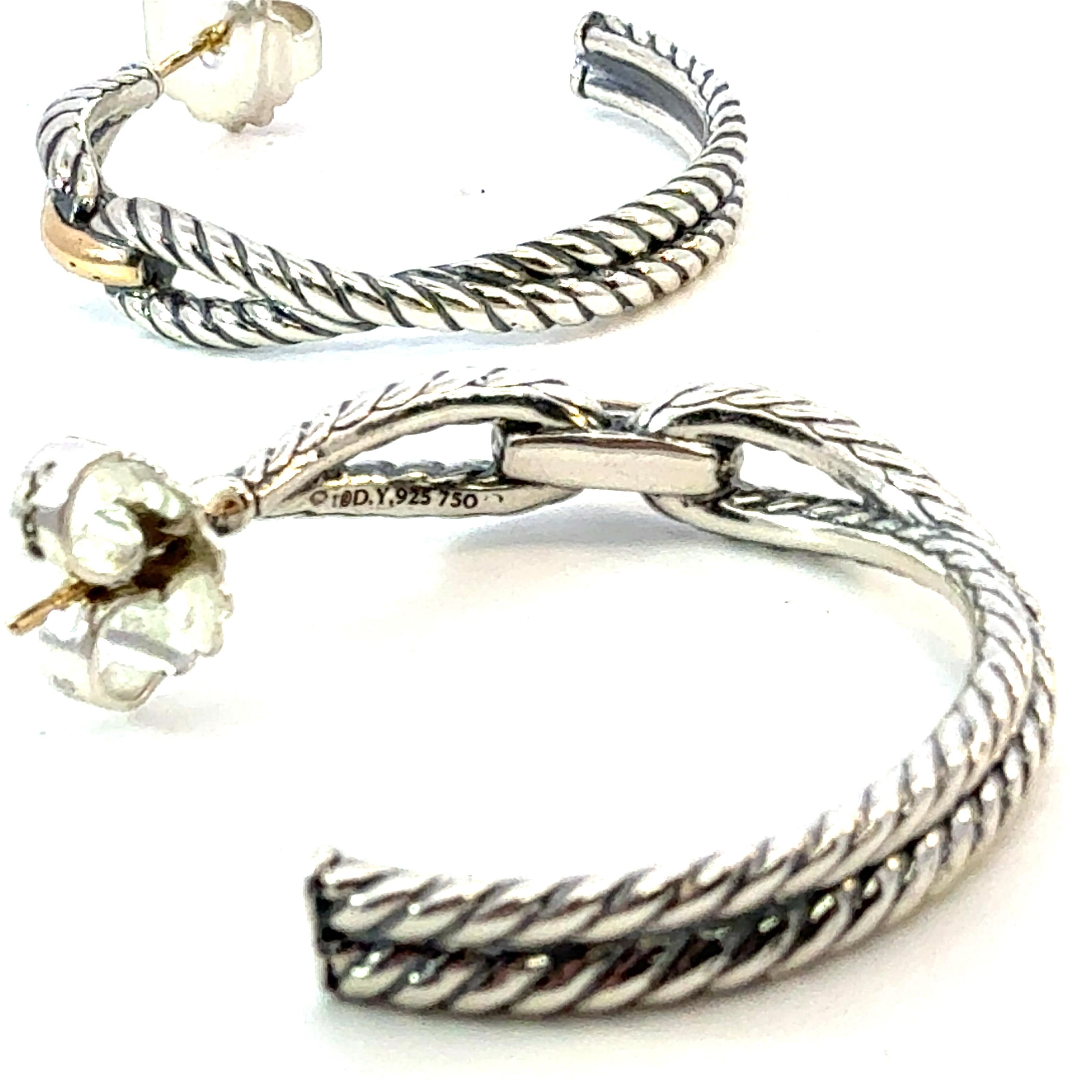 David Yurman 18k Gold & Silver Hoop Earrings Sterling Silver Estate In Good Condition For Sale In Brooklyn, NY