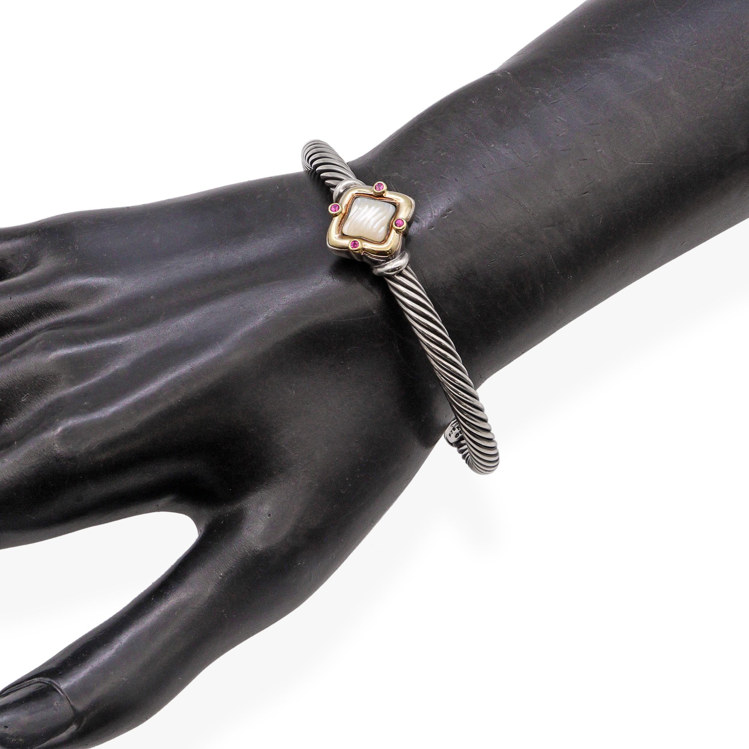 Taille ronde David Yurman 18K Gold Silver Mother of Pearl Ruby Quatrefoil Cuff Bracelet en vente