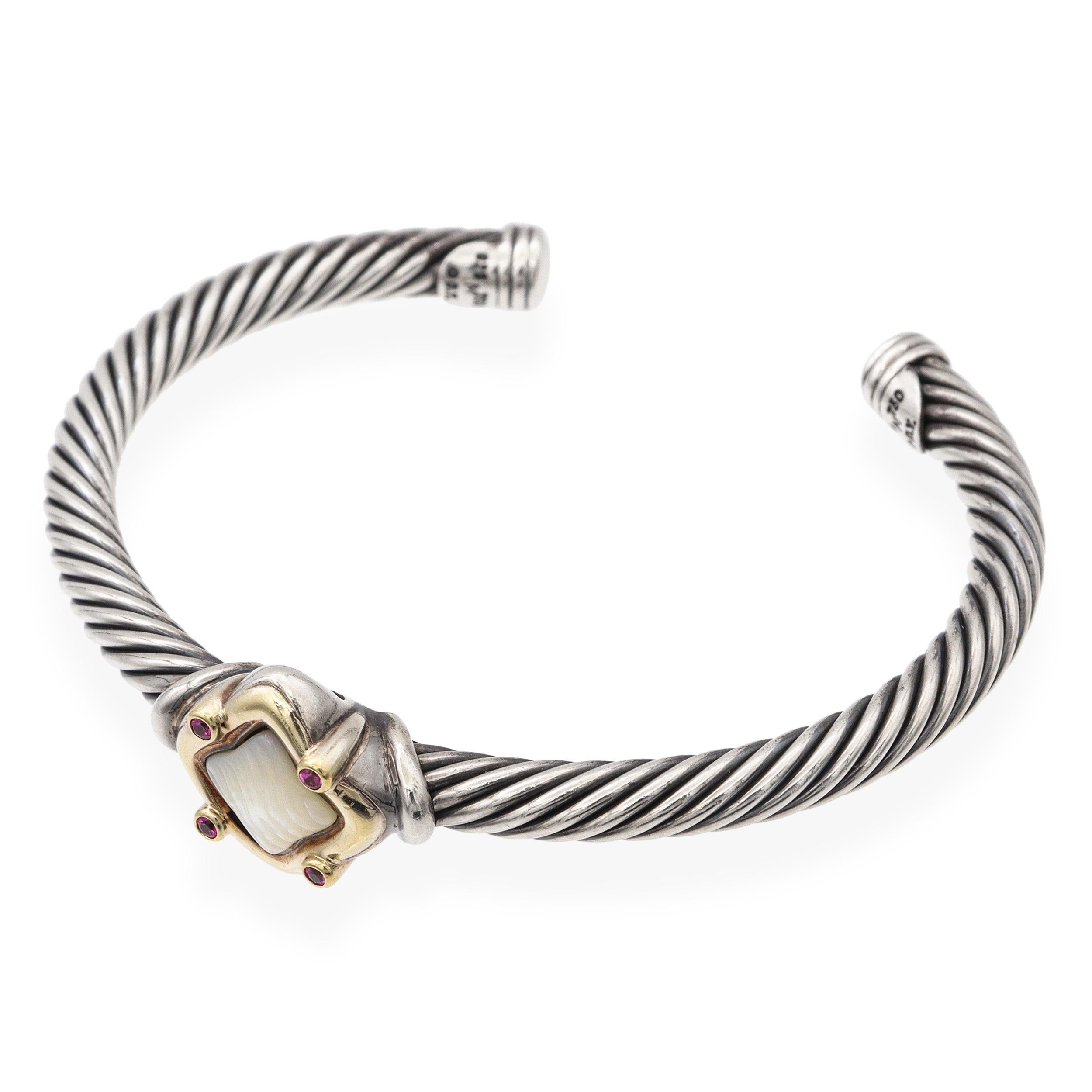 David Yurman 18K Gold Silver Mother of Pearl Ruby Quatrefoil Cuff Bracelet Bon état - En vente à New York, NY