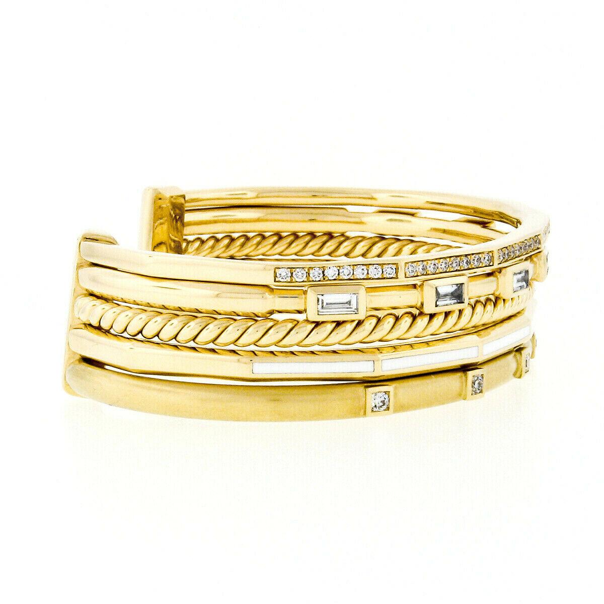 Baguette Cut David Yurman 18 Karat Gold Stax Diamond and White Enamel Bracelet Medium