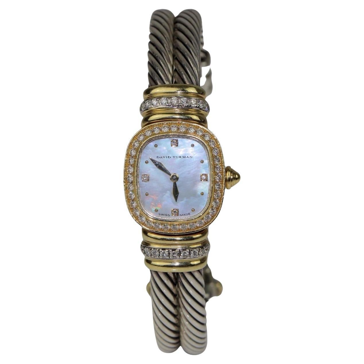 David Yurman 18K Gold & Sterling Diamond Cuff Watch MOP Dial