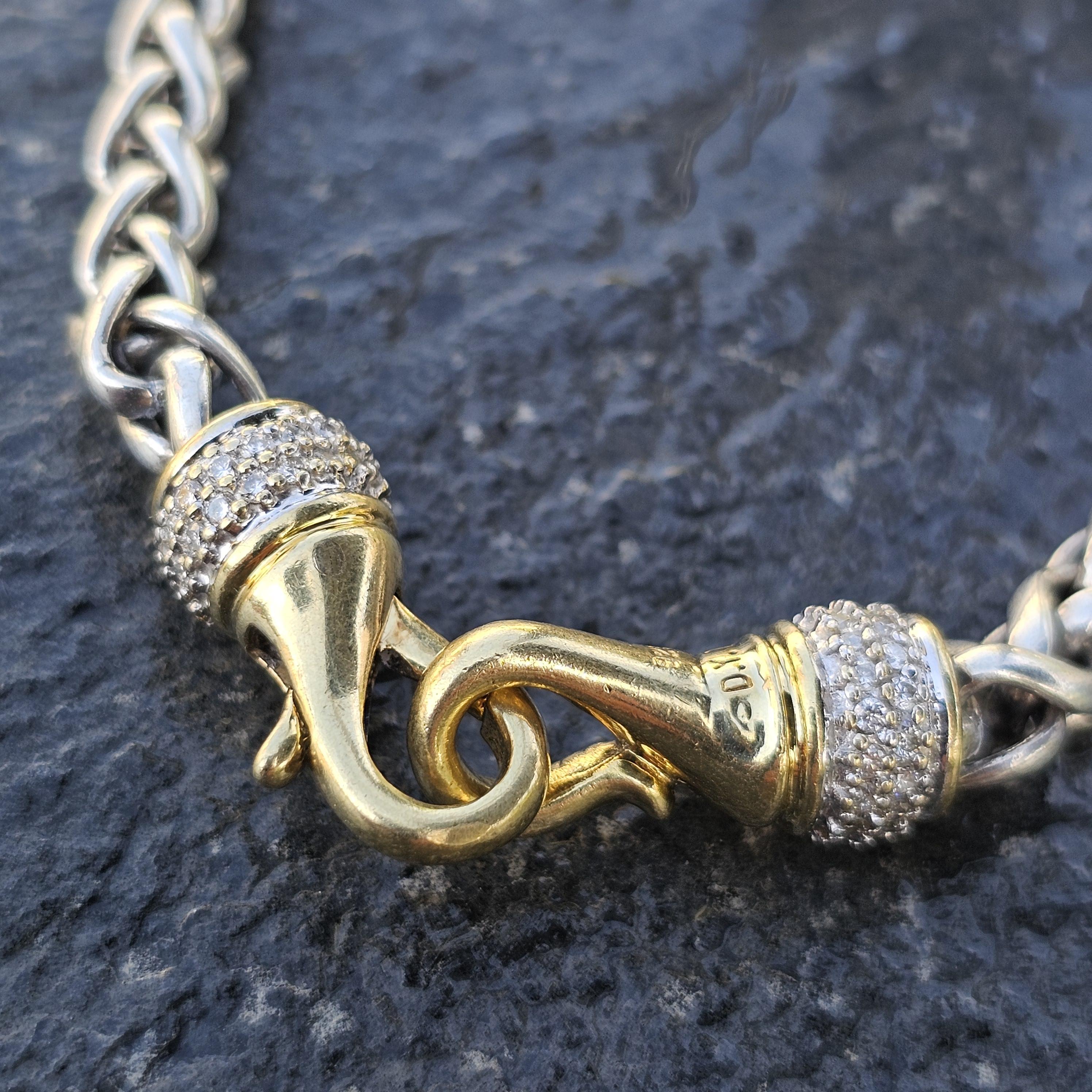 Taglio rotondo David Yurman - Collana con catena di grano con chiusura a diamante in argento sterling e oro 18 carati - 16