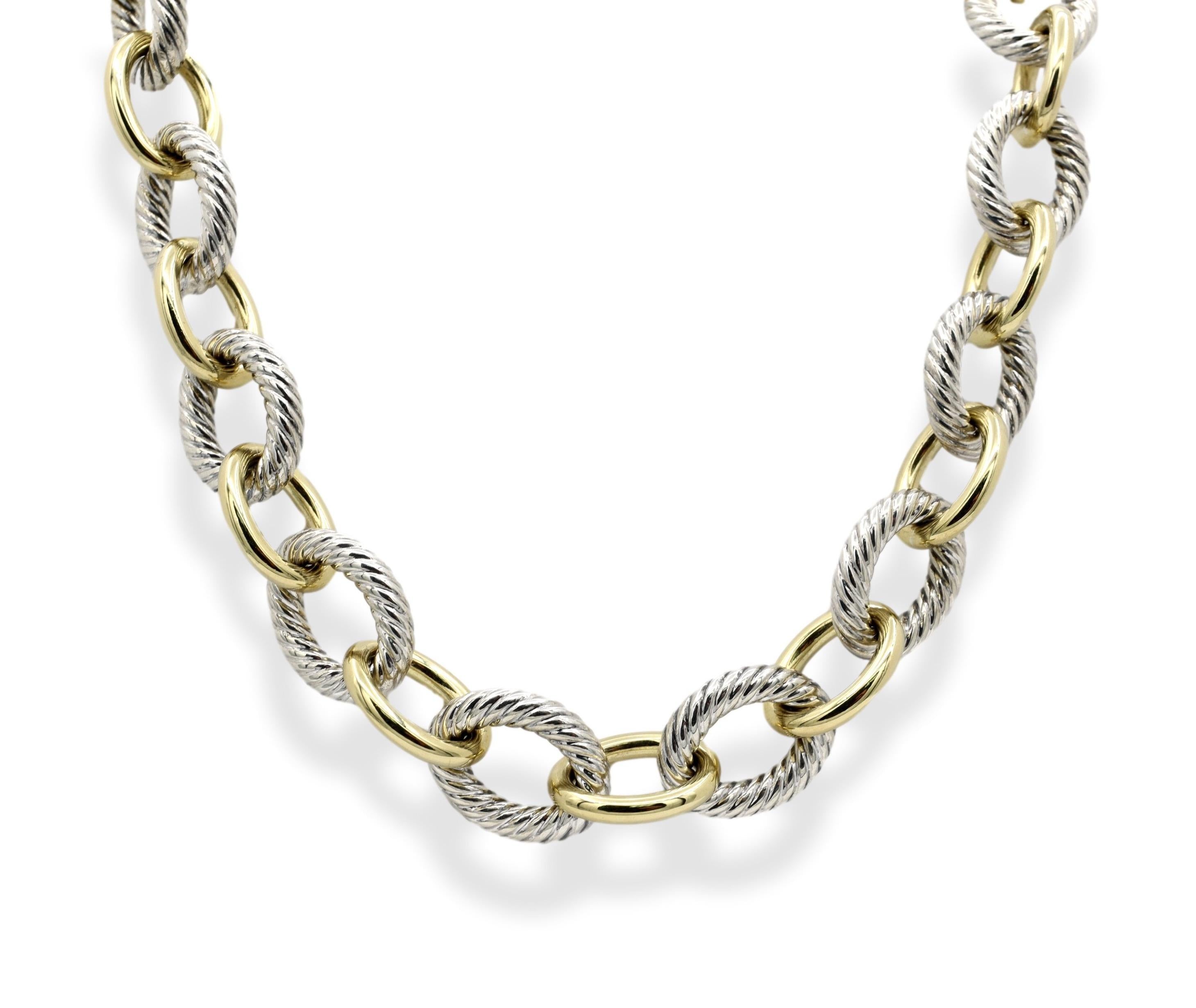 David Yurman 18k Gold Sterling Silver Large Oval Chain Link Necklace In Good Condition For Sale In New York, NY