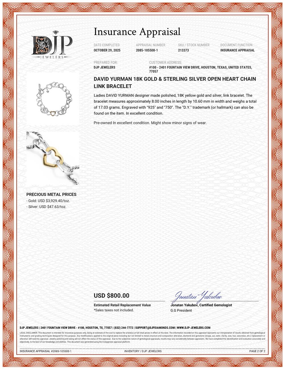 David Yurman Bracciale a catena con cuore aperto in oro 18 carati e argento sterling in vendita 5