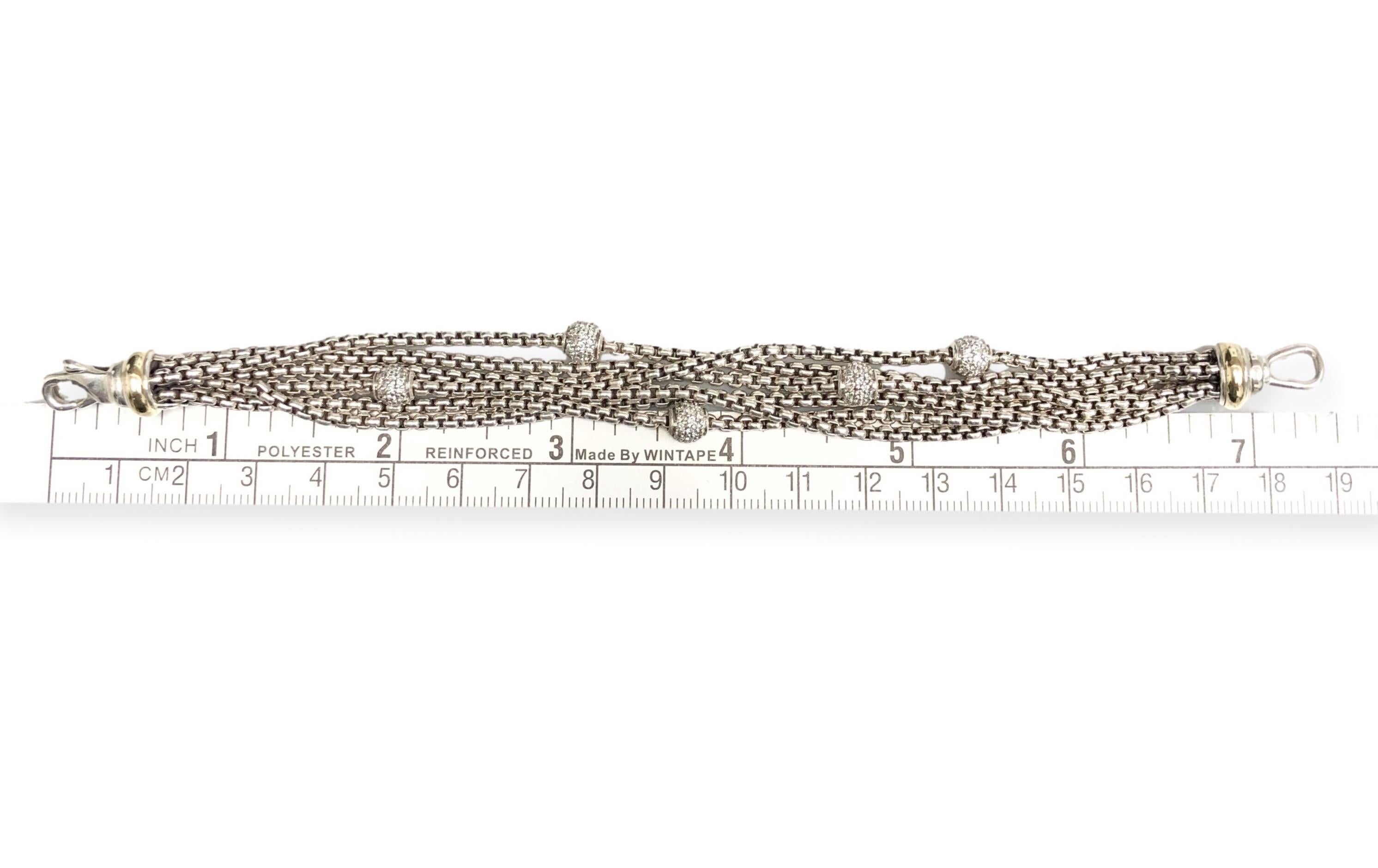 David Yurman 18k Gold Sterling Silver Pave Ball Diamond 6-Strand Bracelet In Good Condition In New York, NY