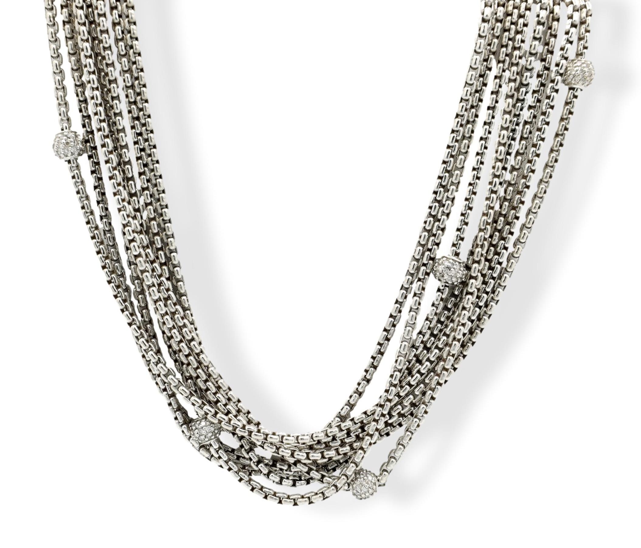 David  Yurman necklace finely crafted in sterling silver featuring 8 strands of the DY signature link chain accented by 5 pave bead set diamond ball floating stations weighing 0.80 carats total weight approximately. Necklace measures 16 inches long