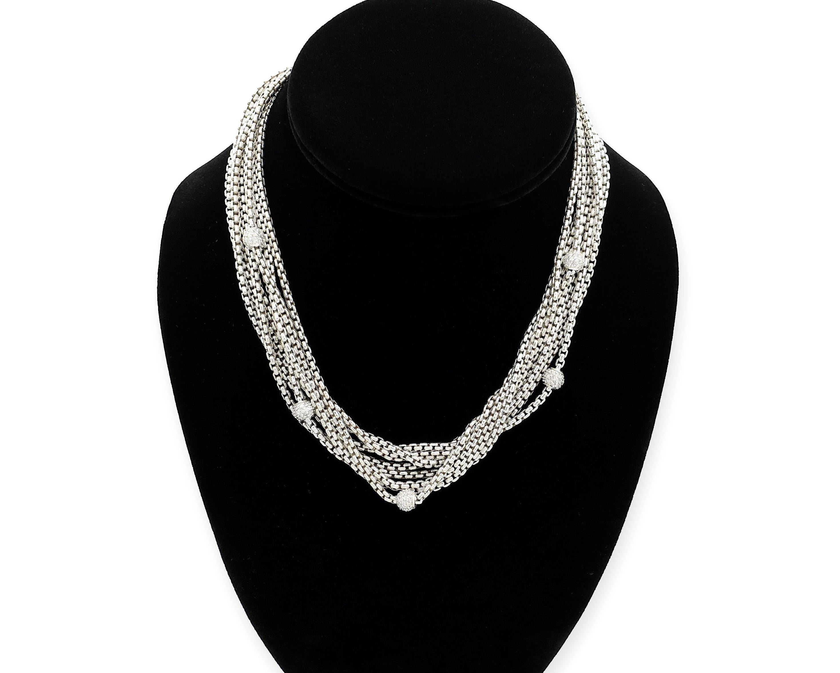 David Yurman 18k Gold Sterling Silver Pave Ball Diamond 8-Strand Choker Necklace In Good Condition In New York, NY