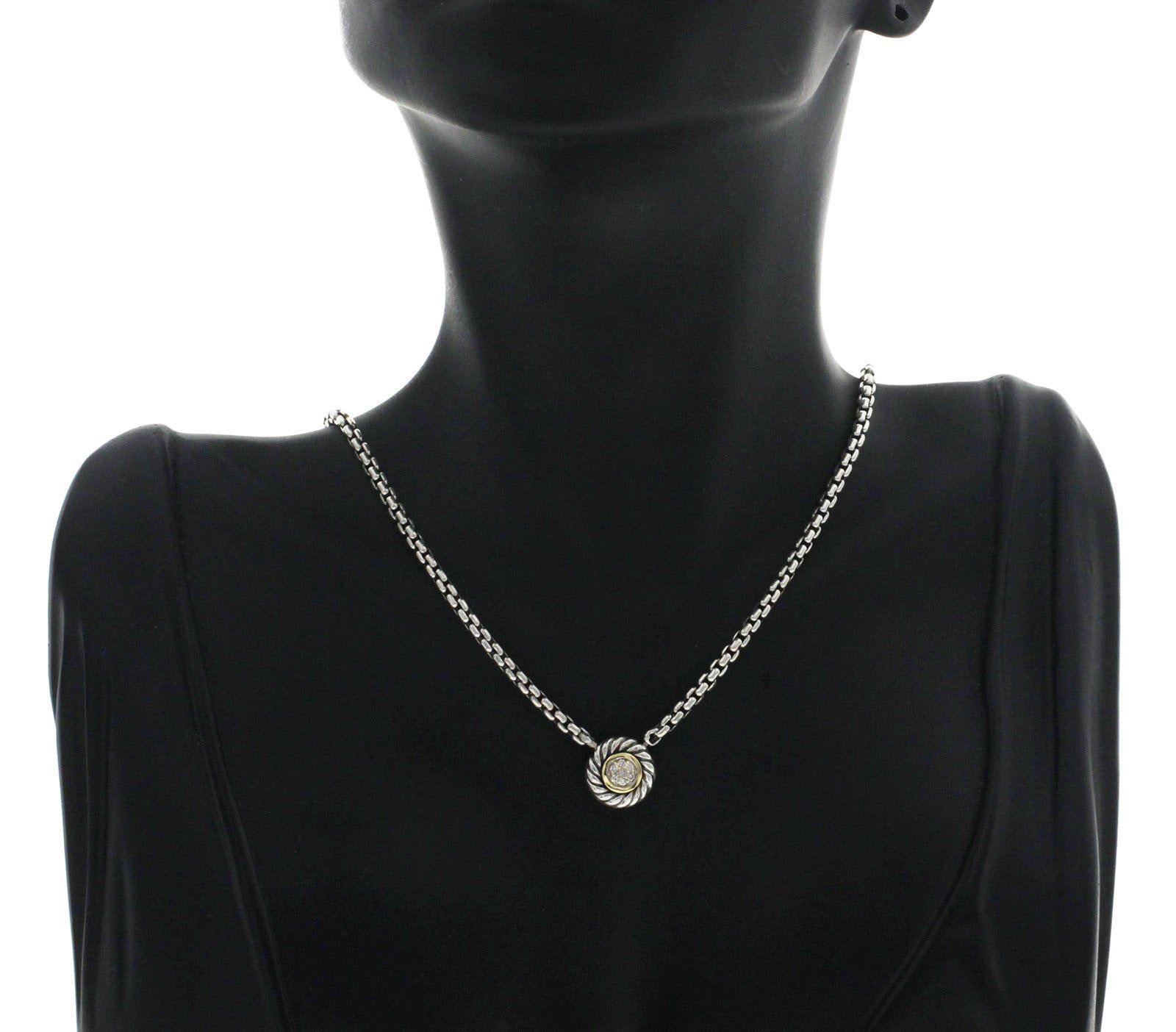 David Yurman 18 Karat Gold and Sterling Silver Pave Diamond Round Necklace In Good Condition In Los Angeles, CA